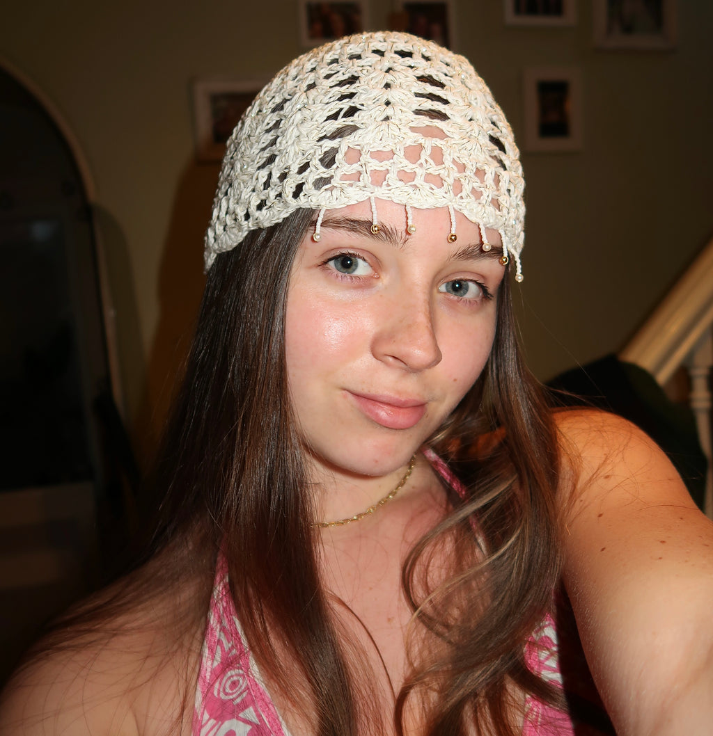 White and gold beaded sparkly mesh hat