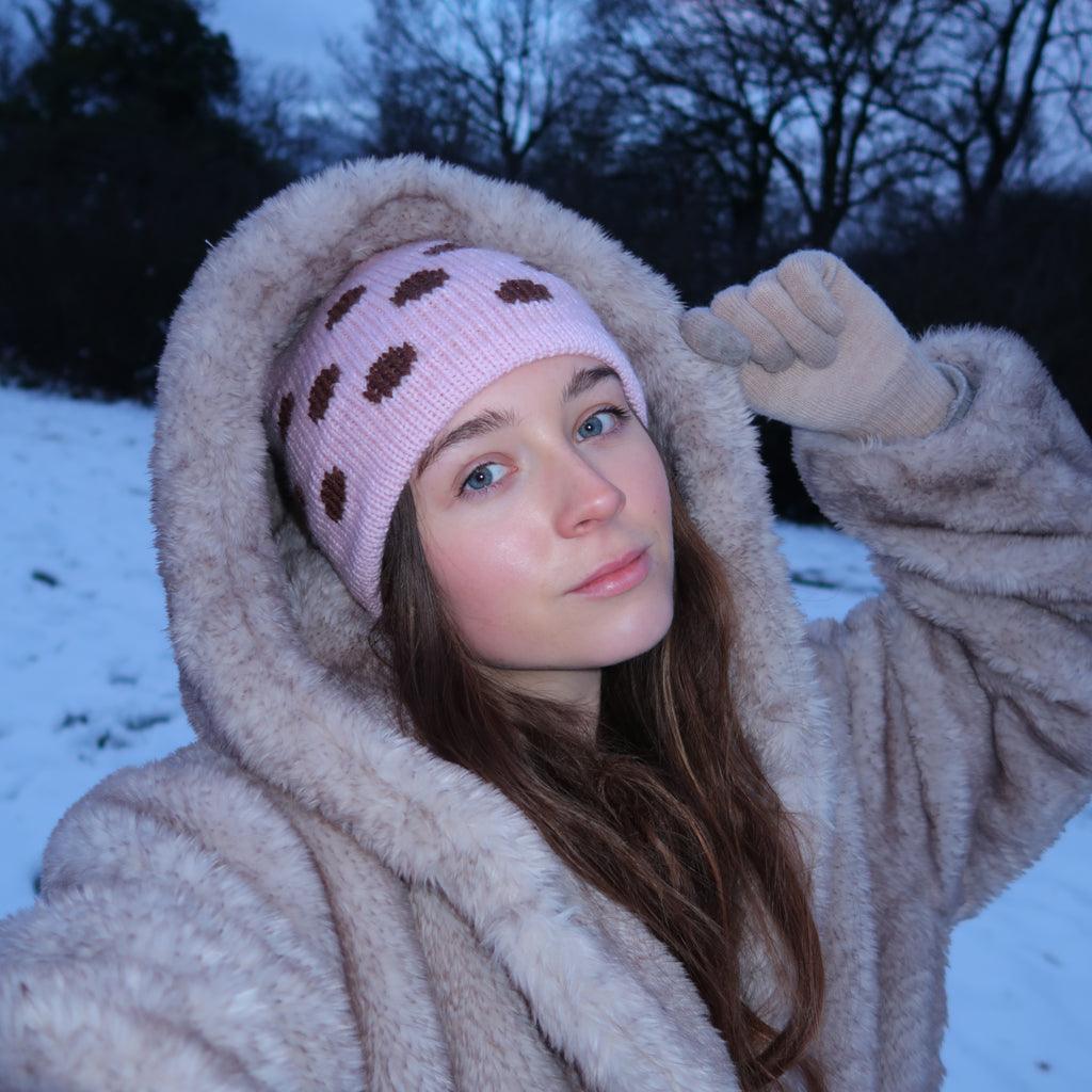 Pink beanie with brown polka dots