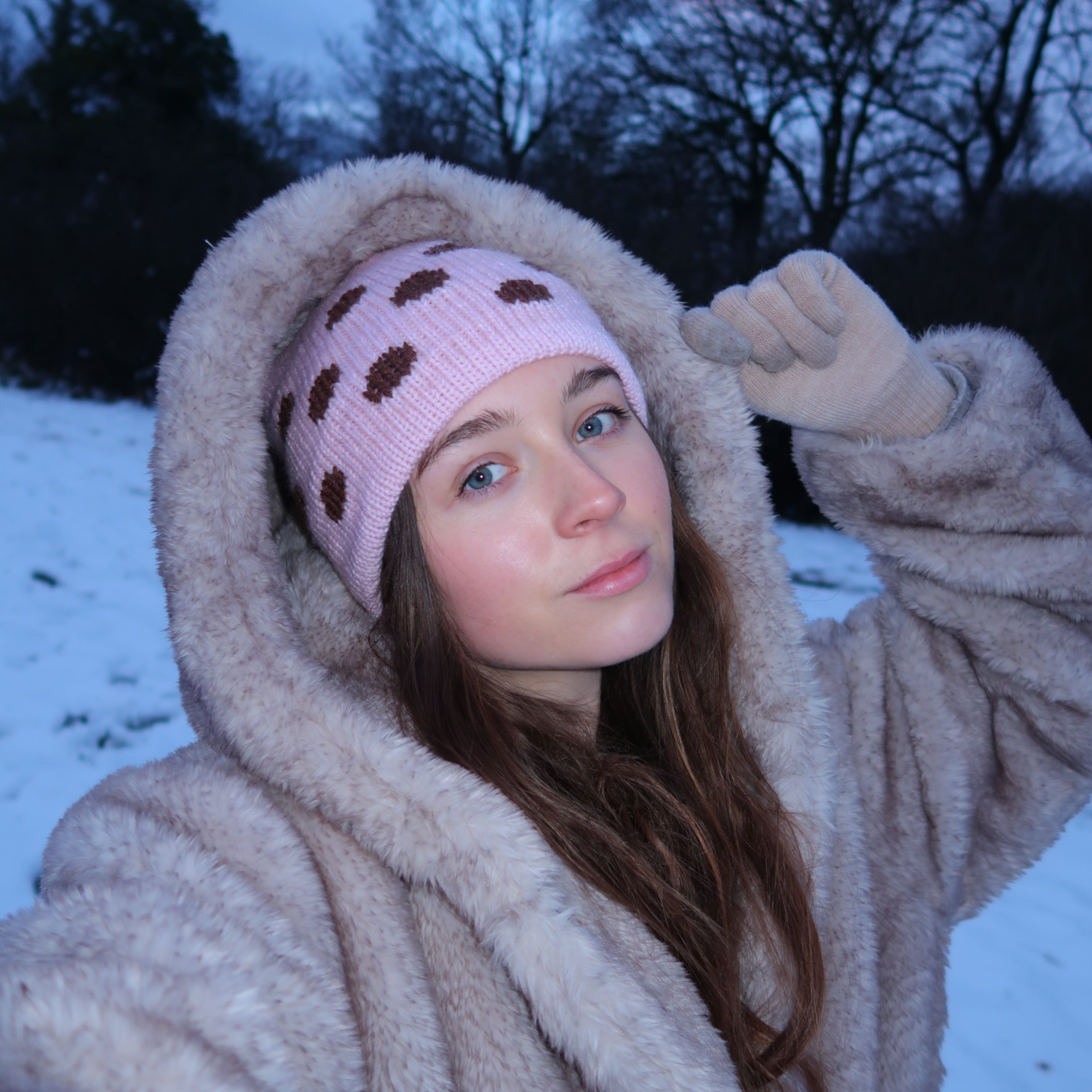 Pink beanie with brown polka dots