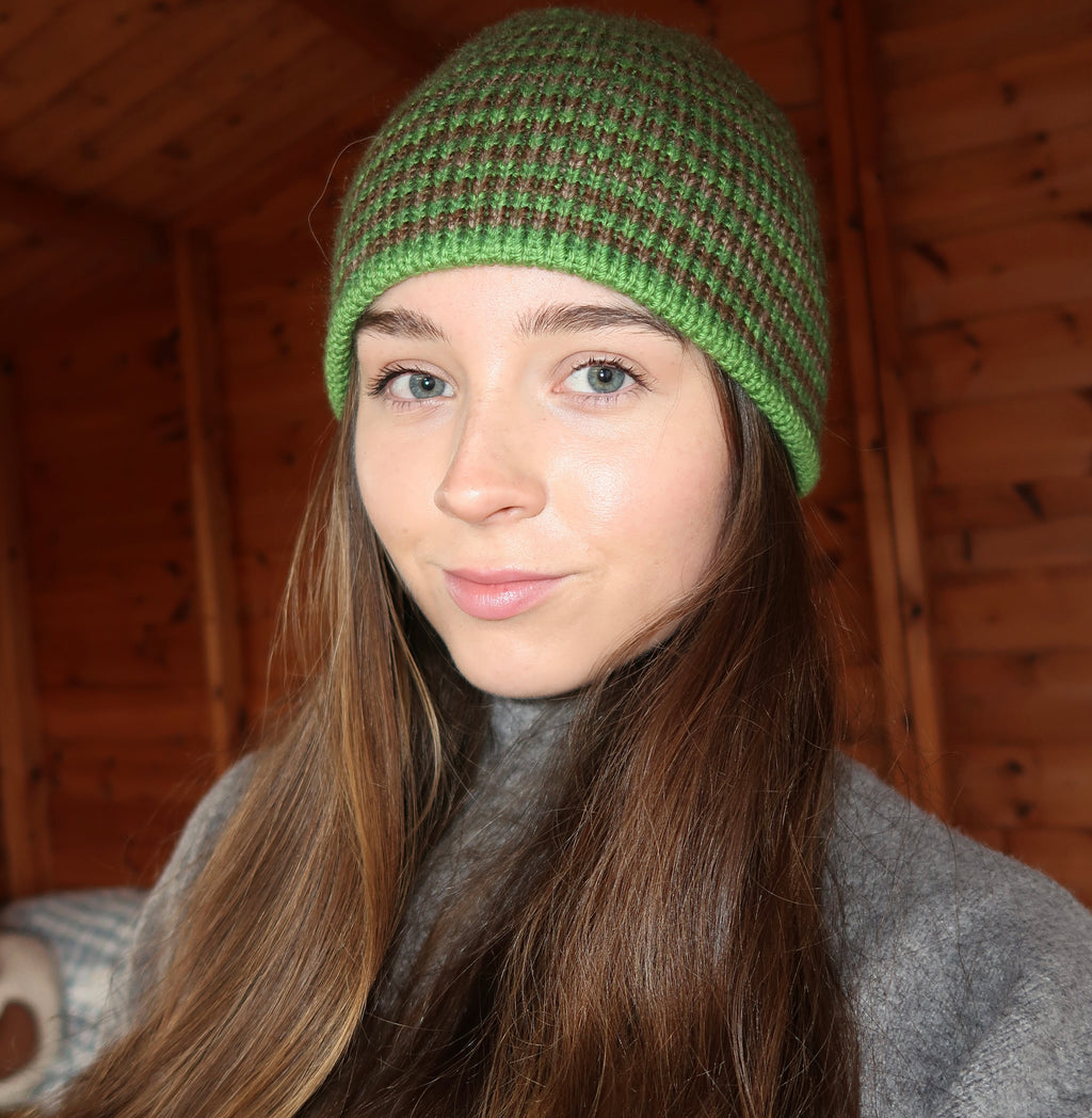 Reversible green and brown striped beanie
