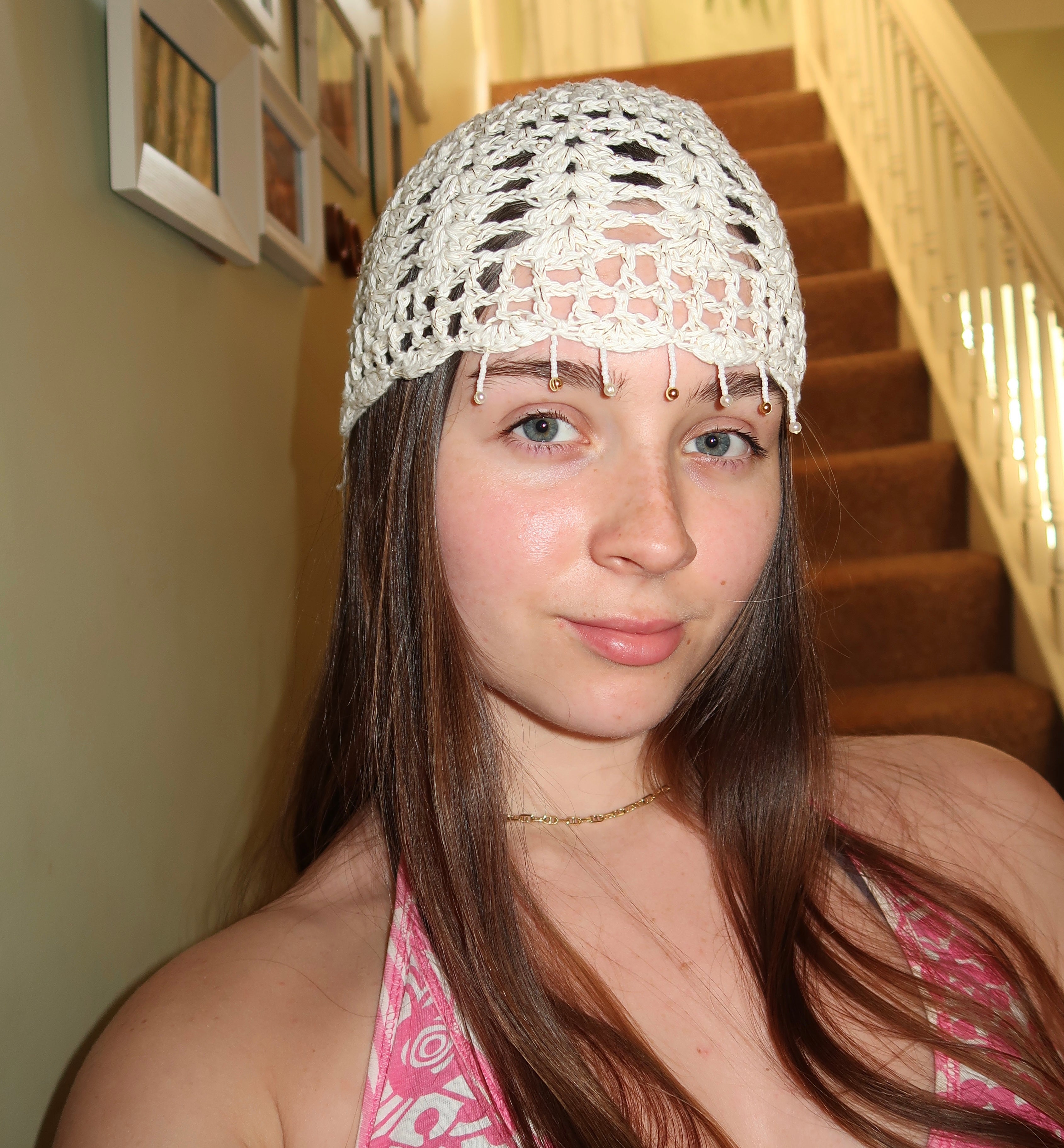 White and gold beaded sparkly mesh hat