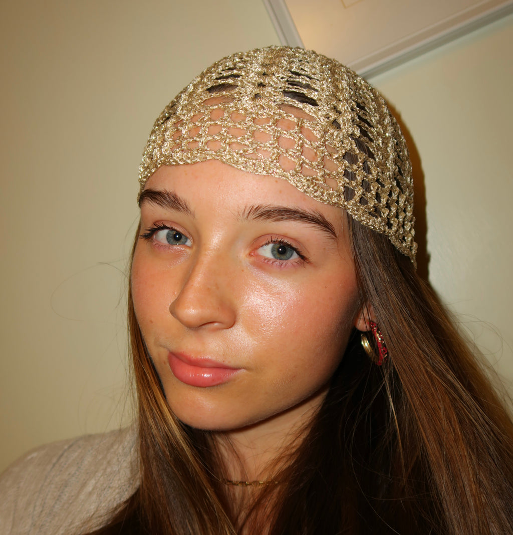 Gold fully detailed crochet mesh hat