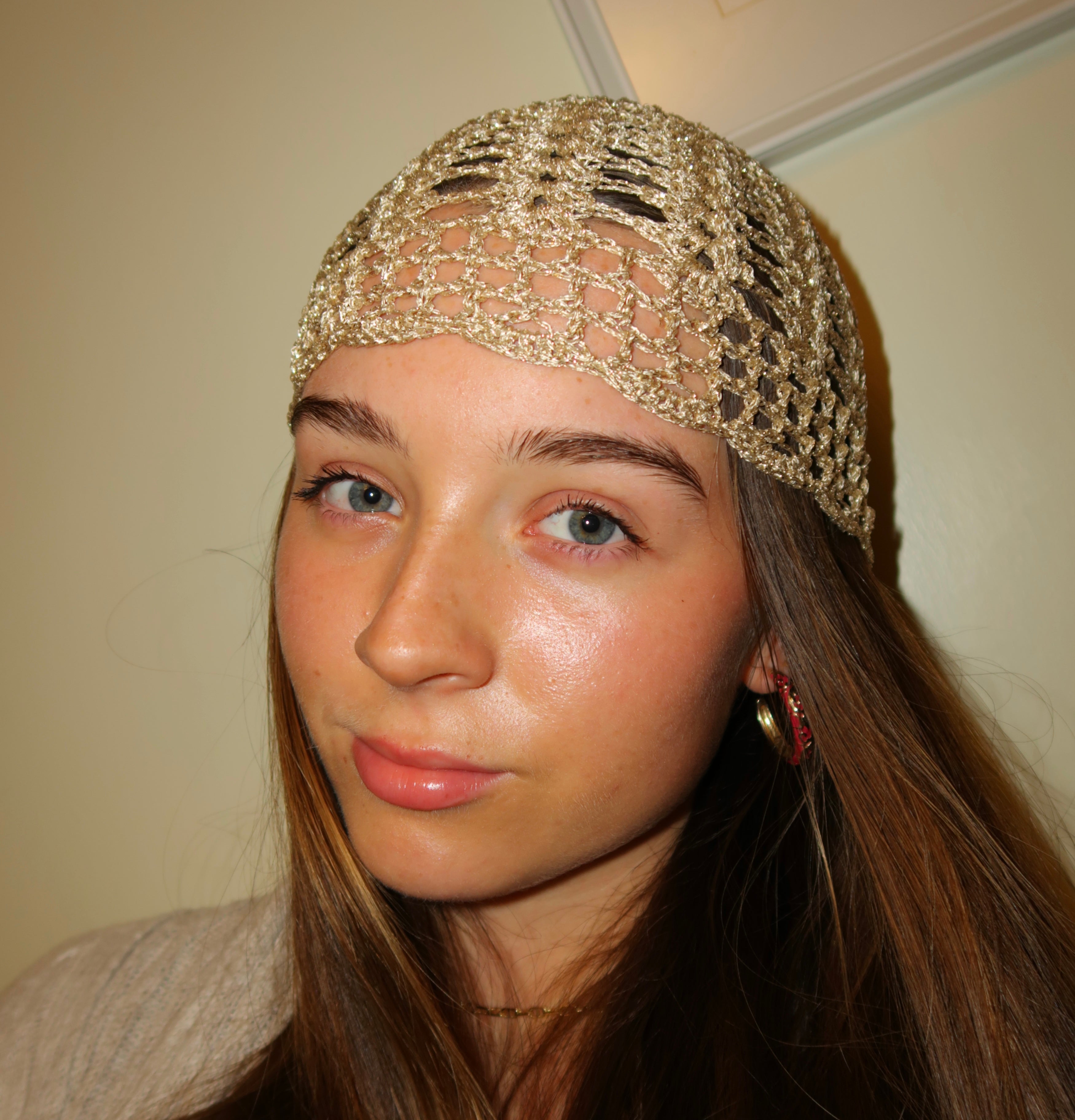 Gold fully detailed crochet mesh hat