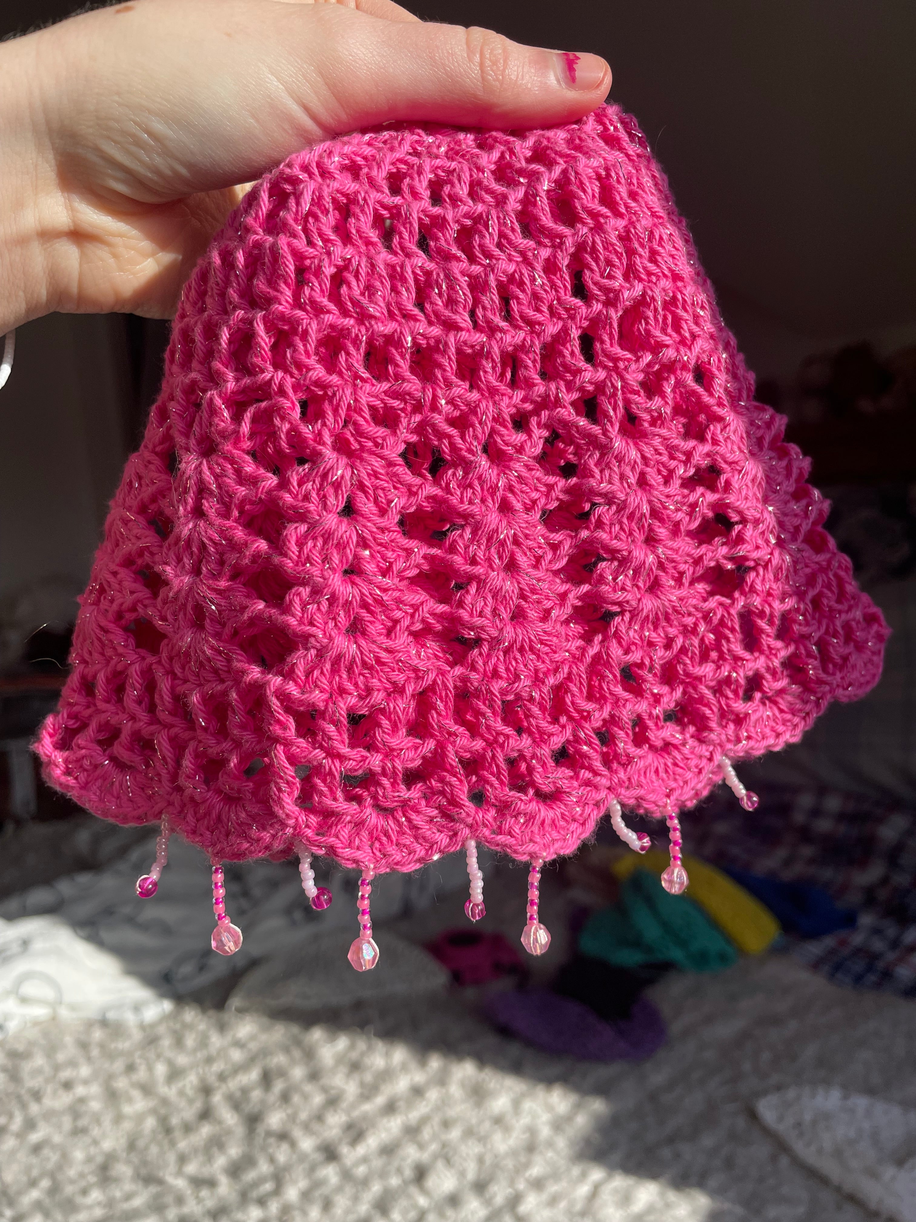 Pink sparkly beaded crochet mesh hat