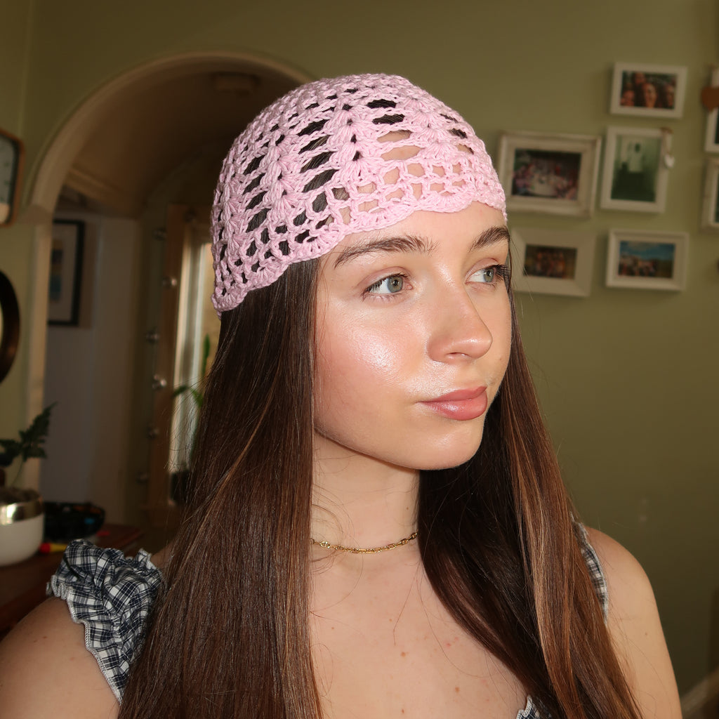 Pink crochet mesh hat