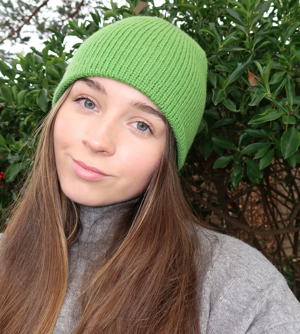 Reversible green and brown striped beanie