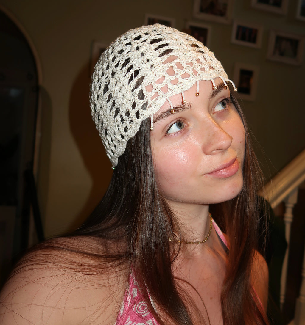 White and gold beaded sparkly mesh hat