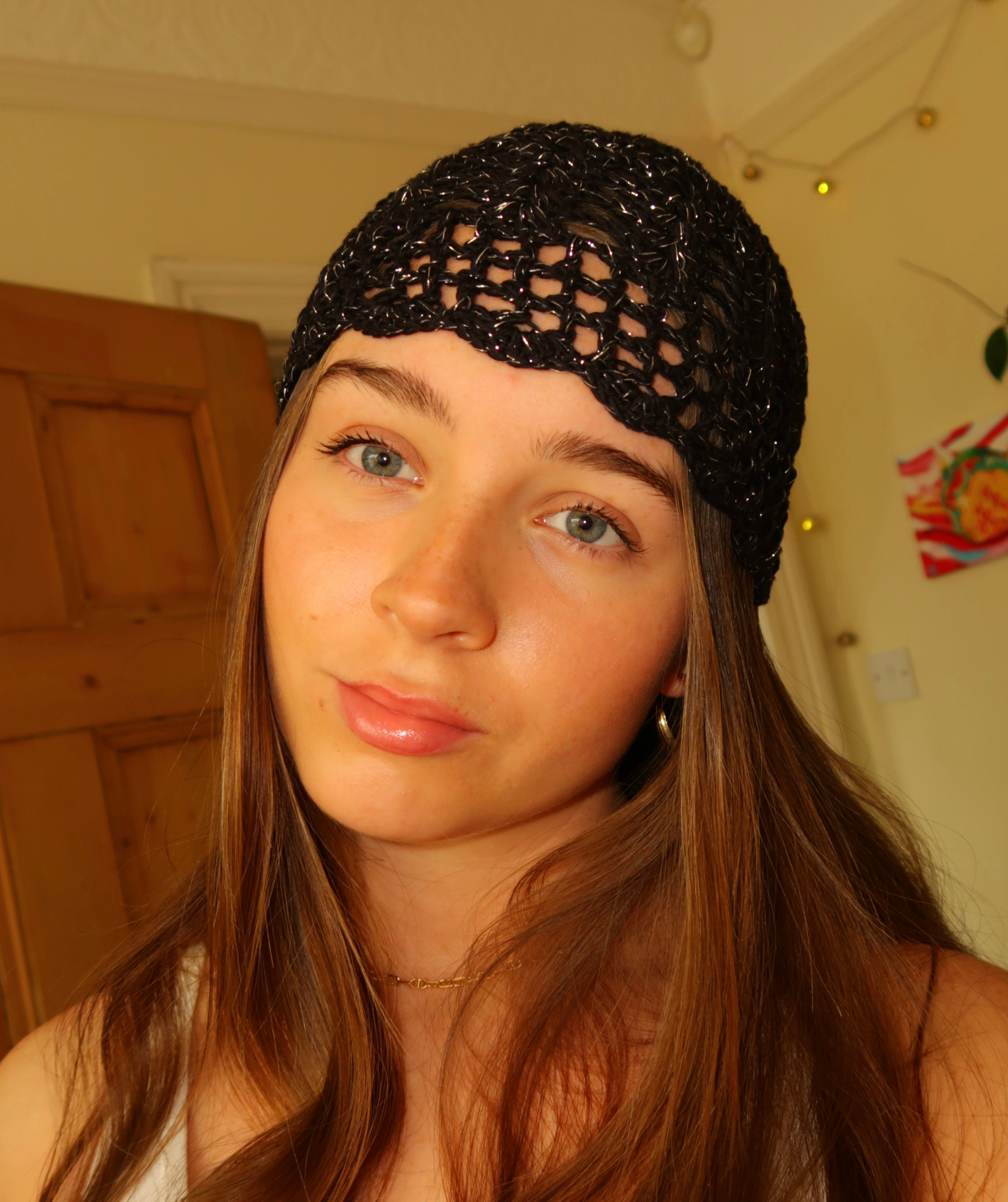 Black/silver sparkly crochet mesh hat