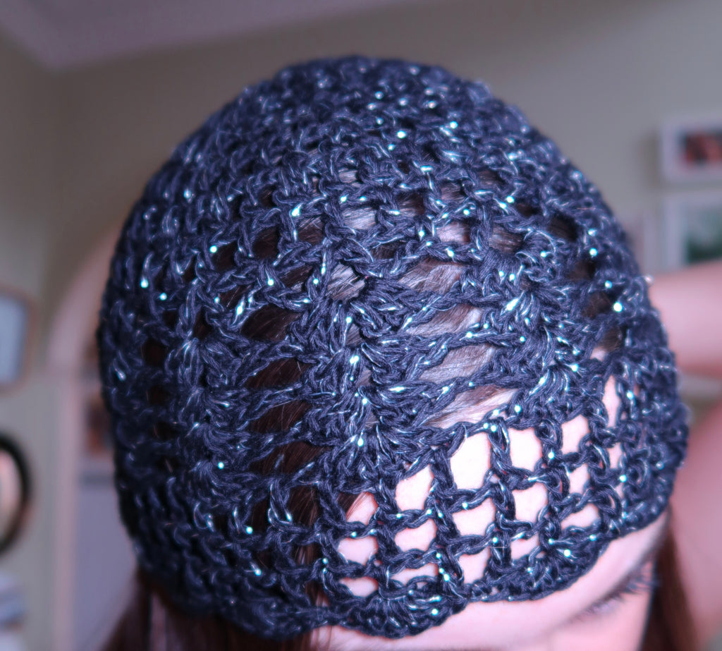 Black/silver sparkly crochet mesh hat