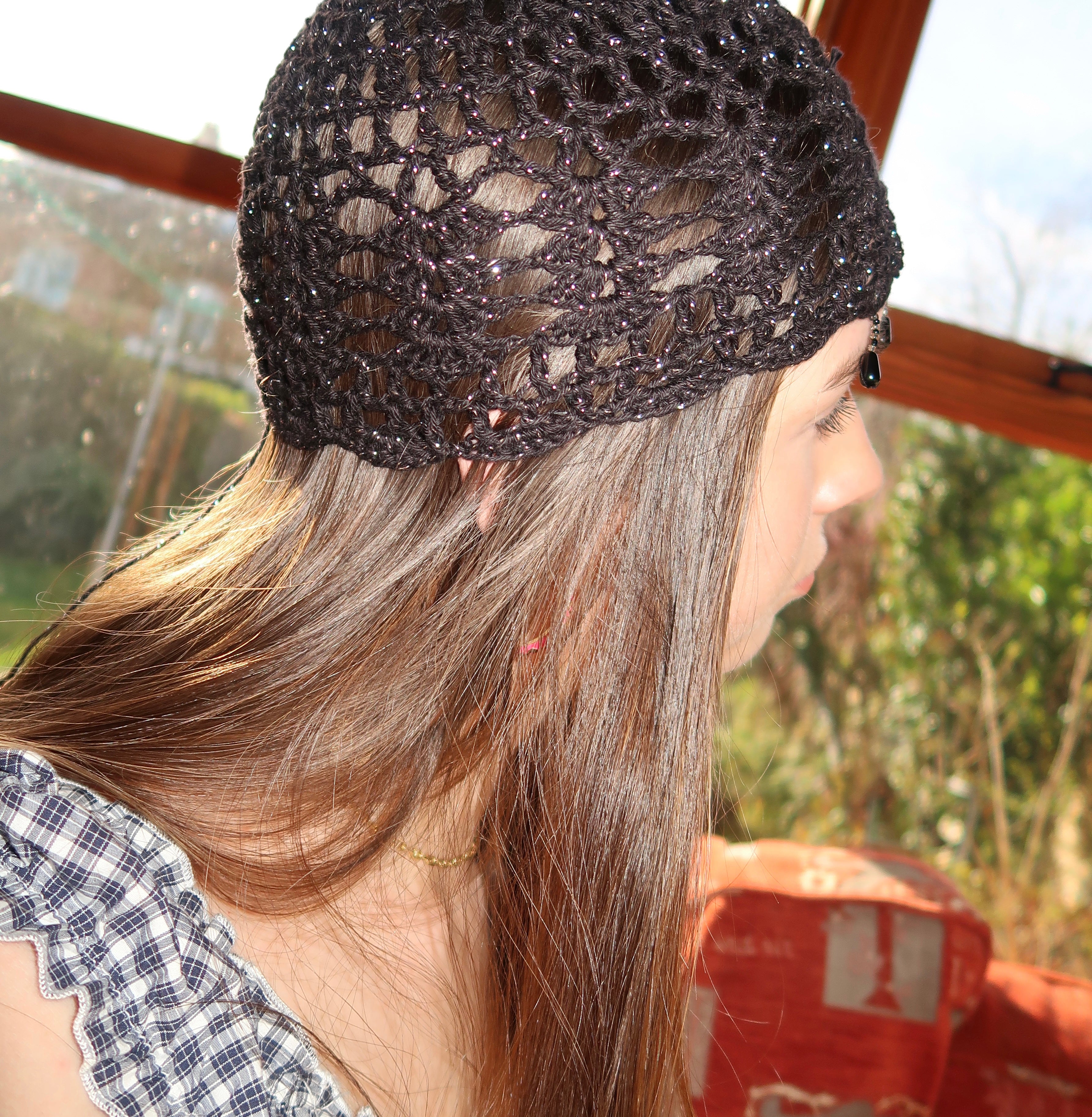 Black and silver sparkly beaded crochet mesh hat