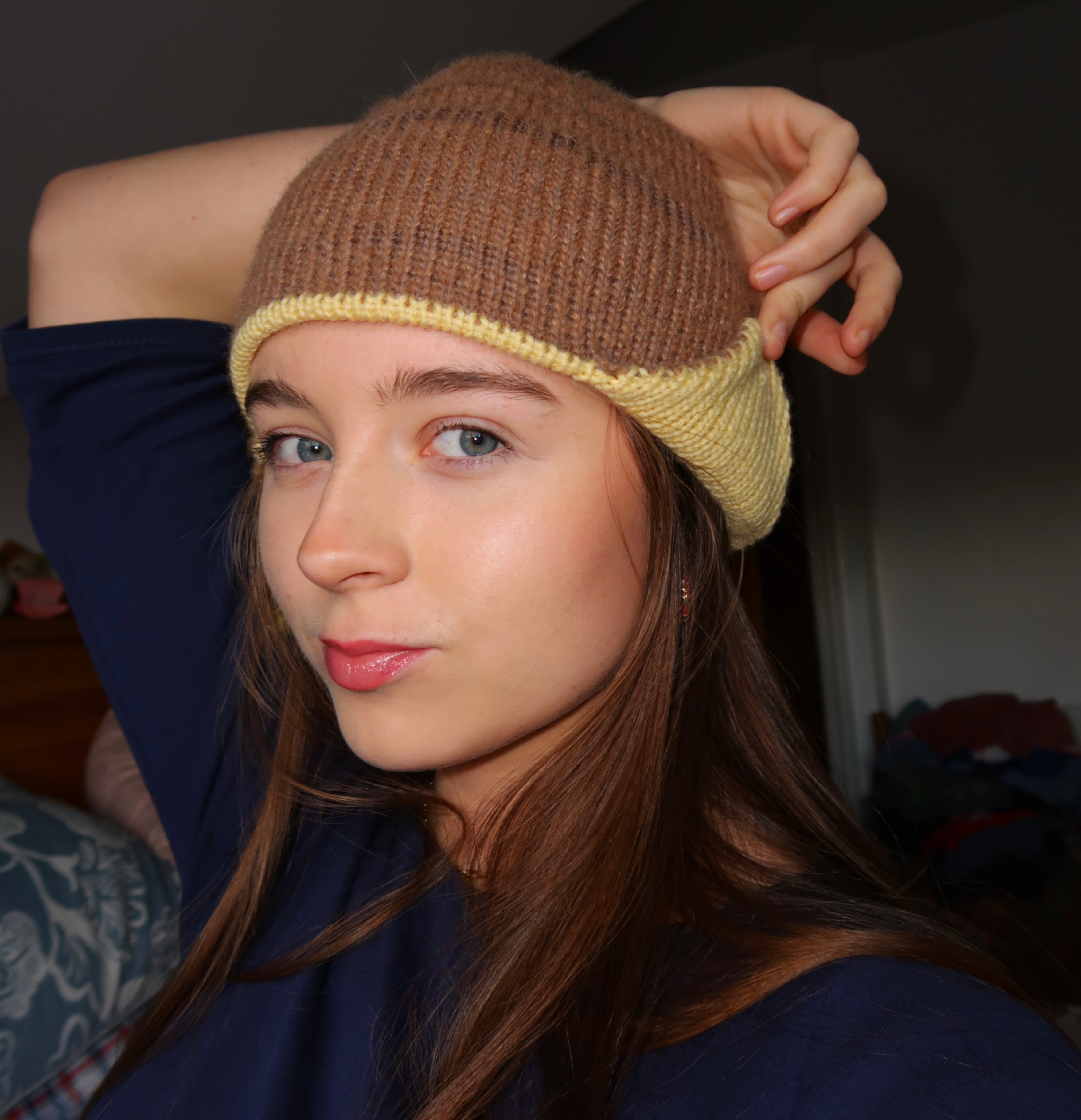 Brown and yellow earflap beanie