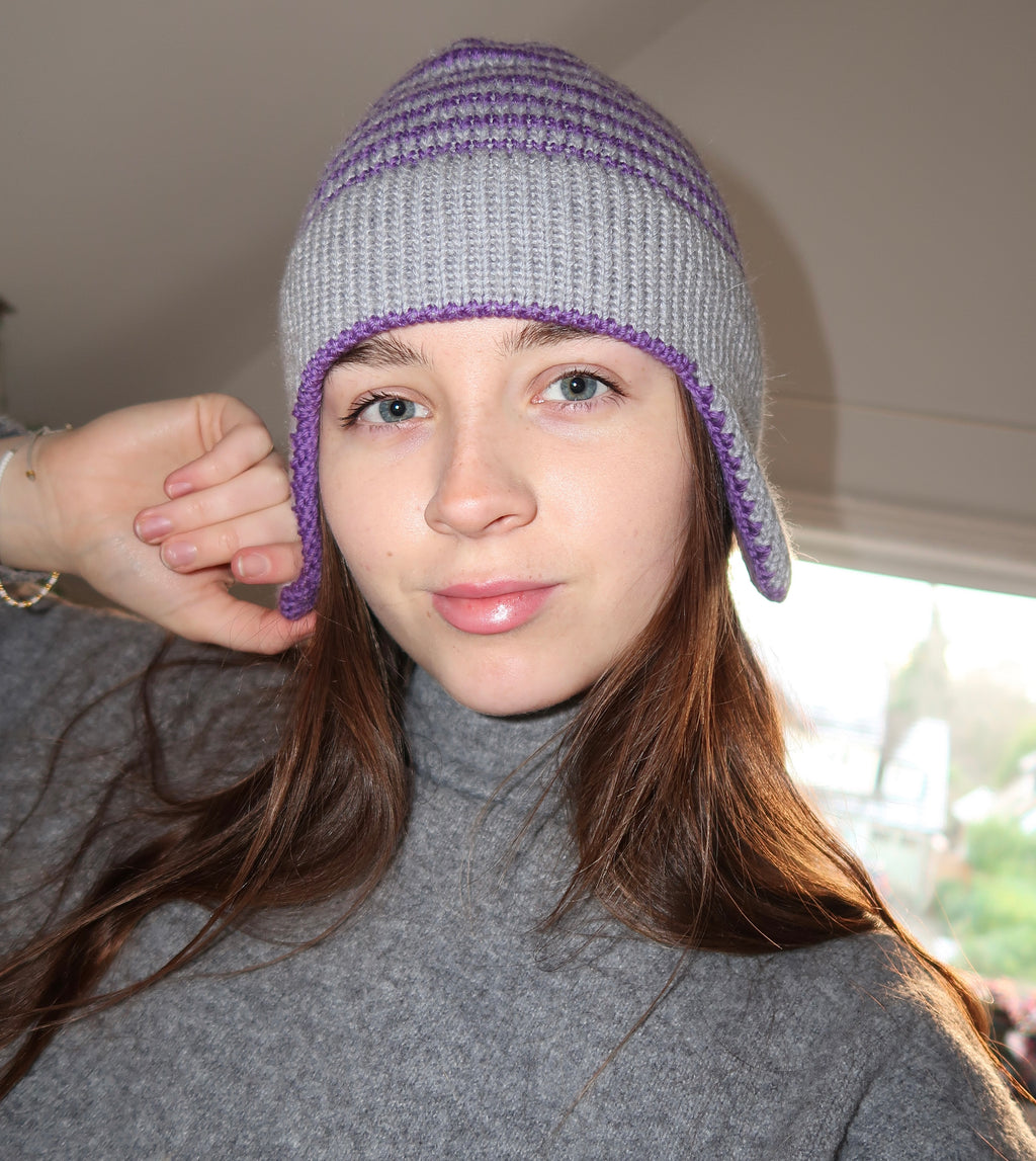 Grey and purple striped earflap beanie