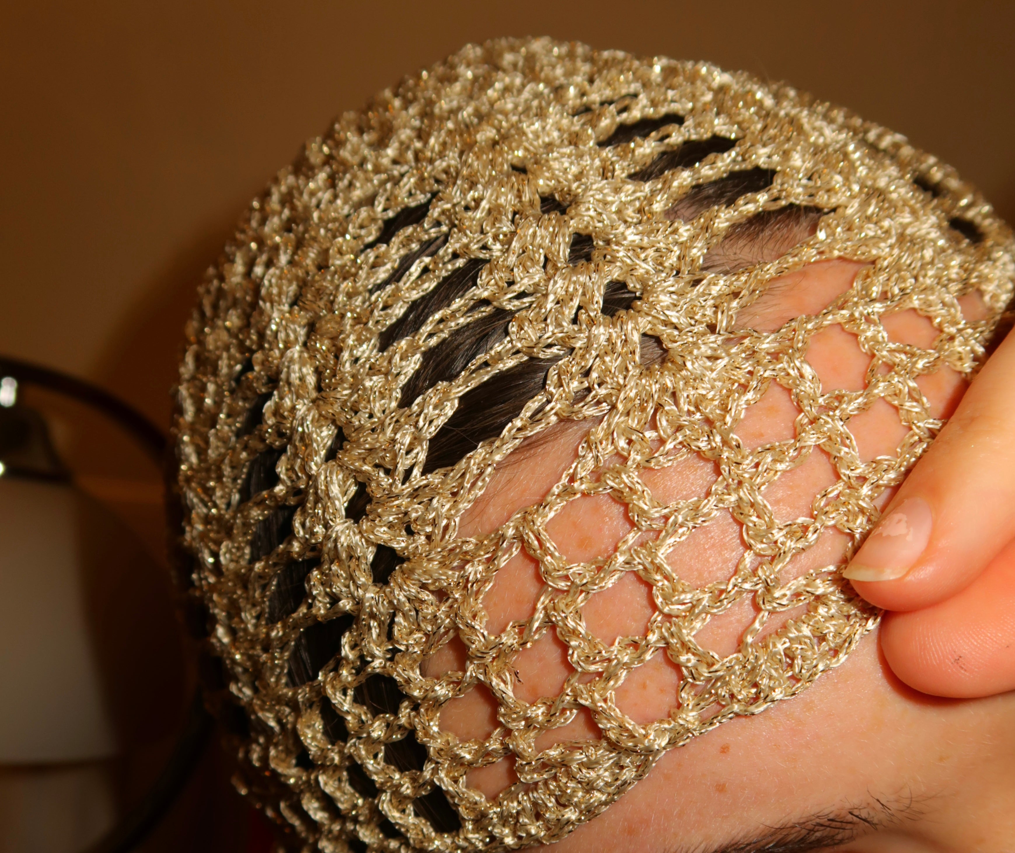 Gold fully detailed crochet mesh hat