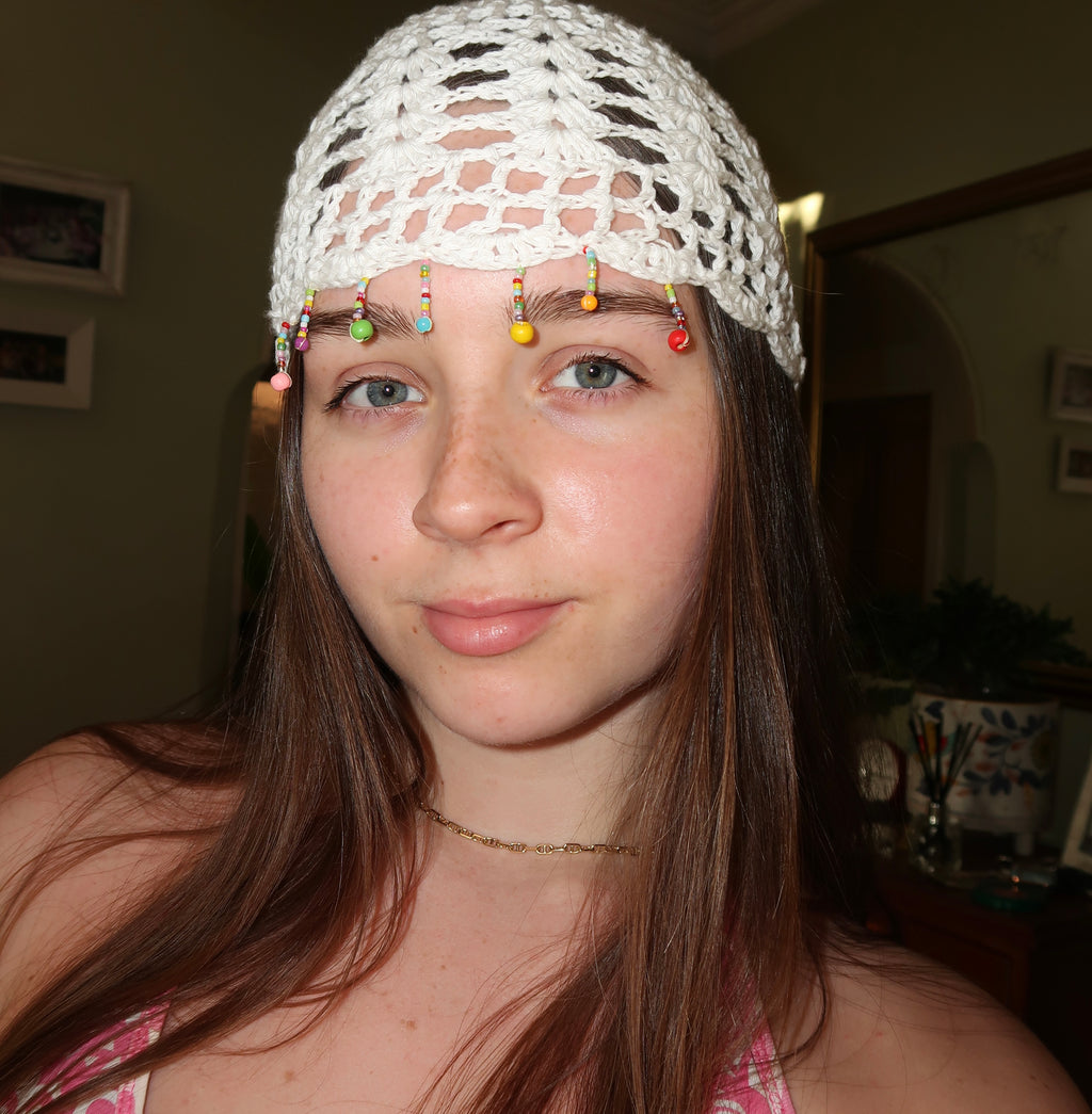 Crochet multicoloured beaded mesh hat