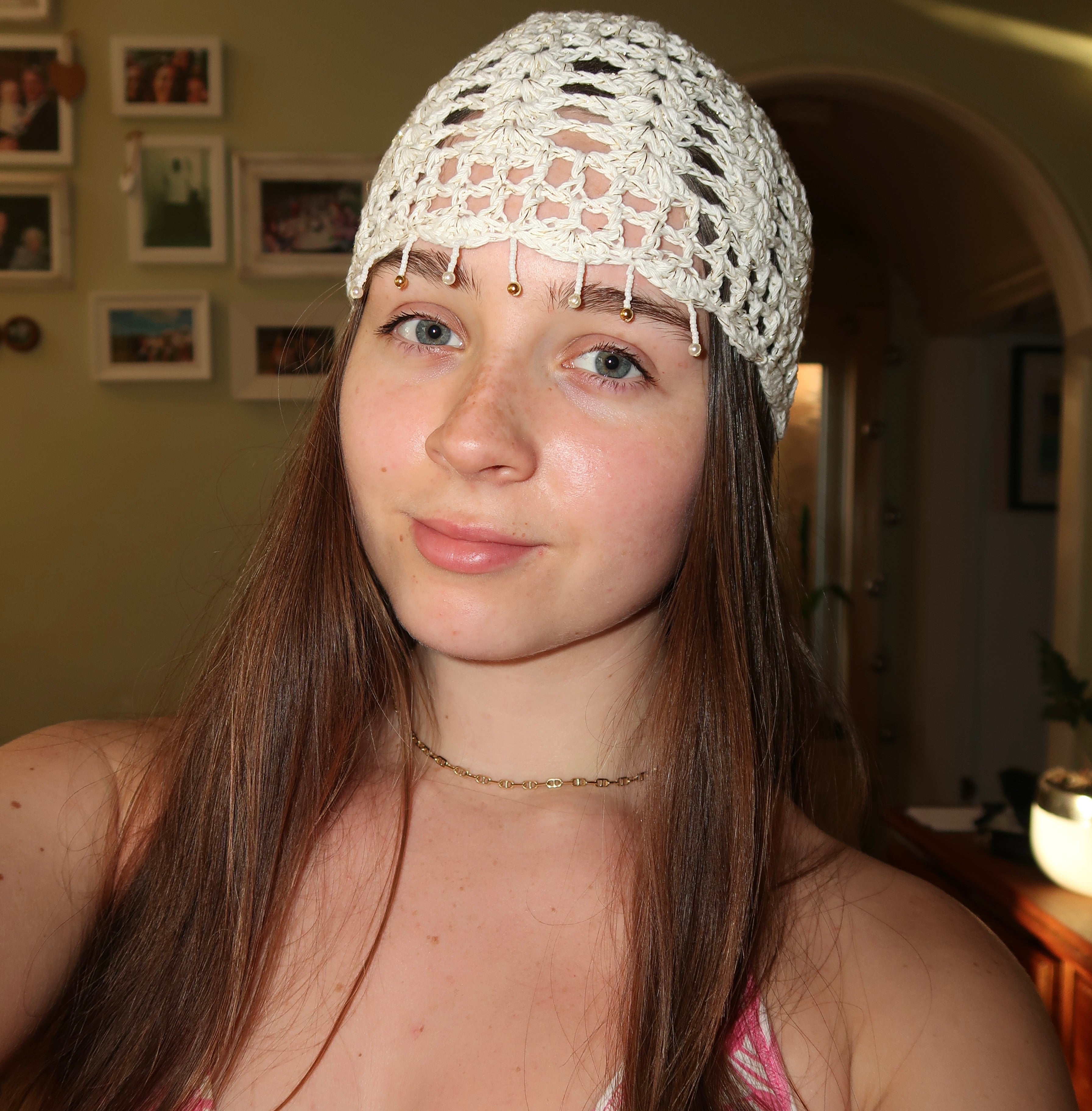 White and gold beaded sparkly mesh hat