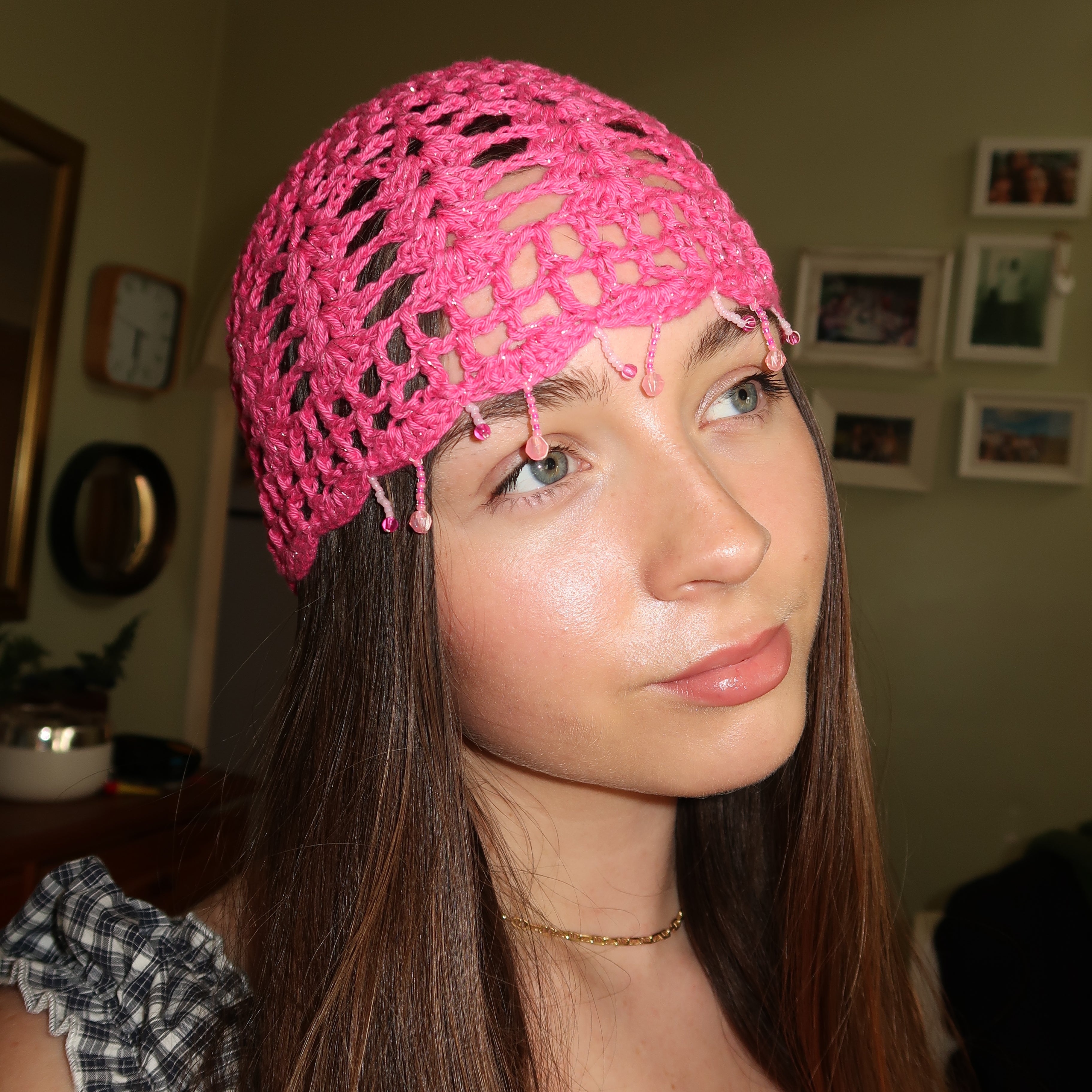 Pink sparkly beaded crochet mesh hat