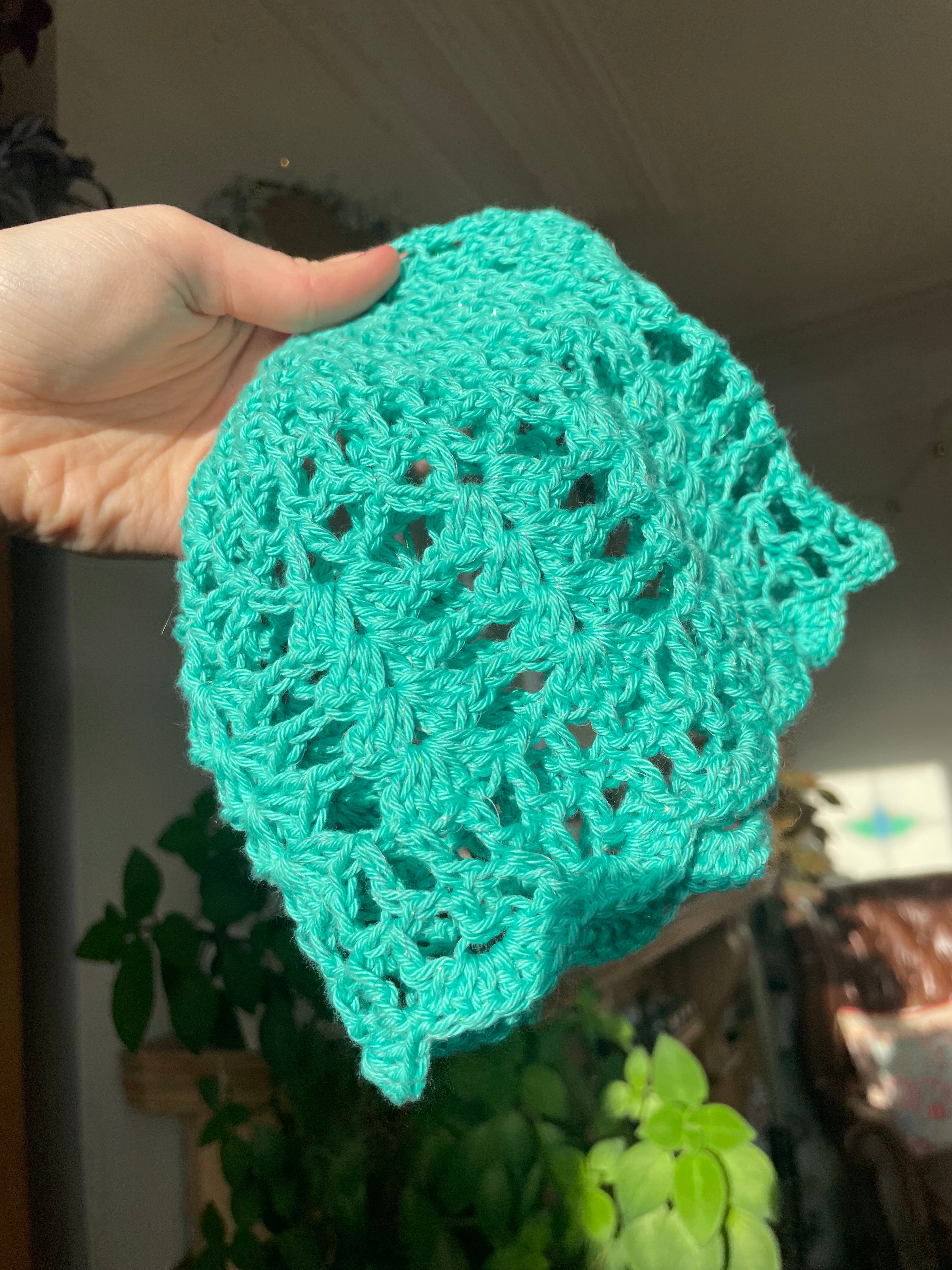 Mint green sparkly crochet mesh hat