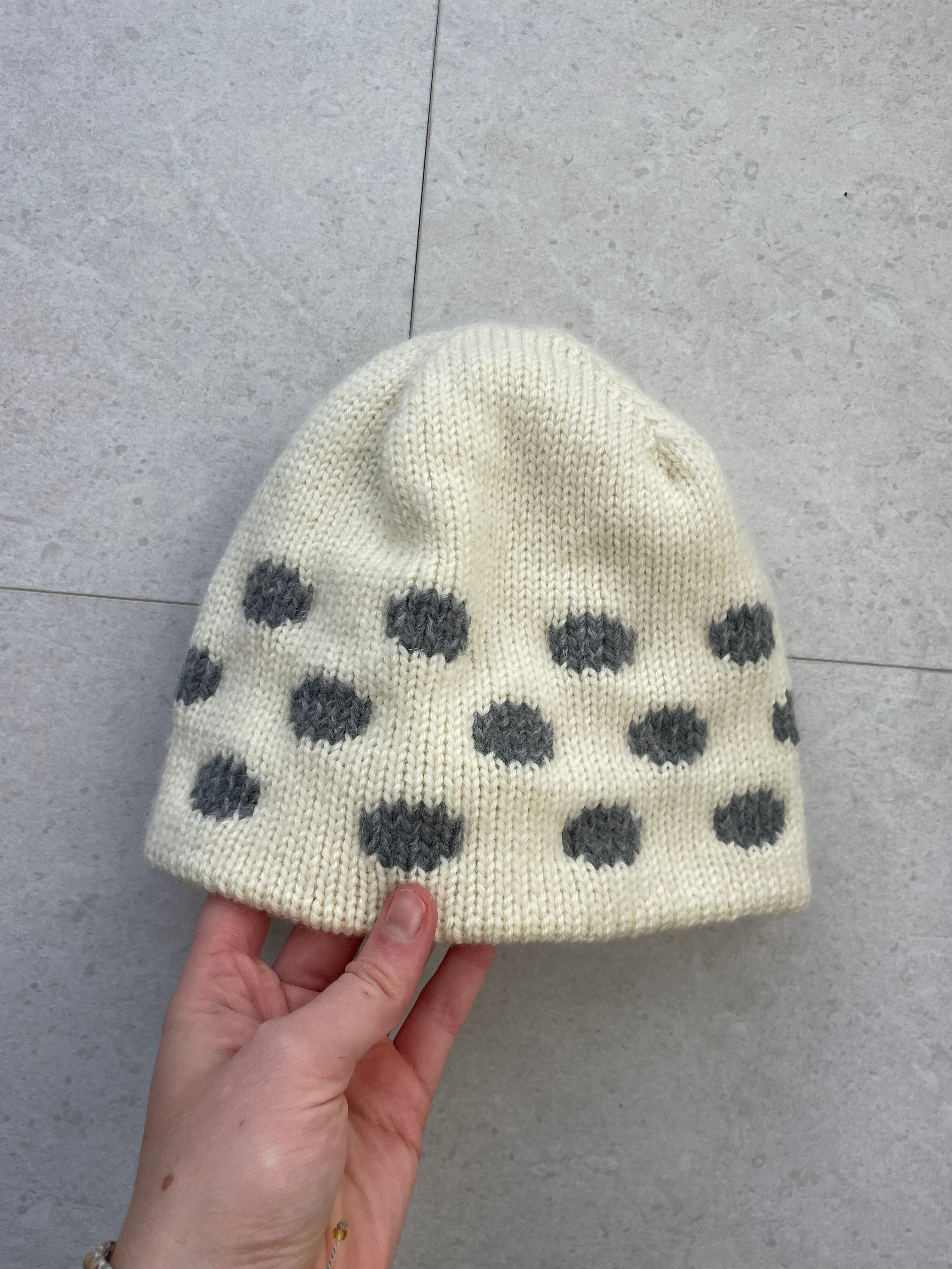 Cream and dark grey polka dot beanie