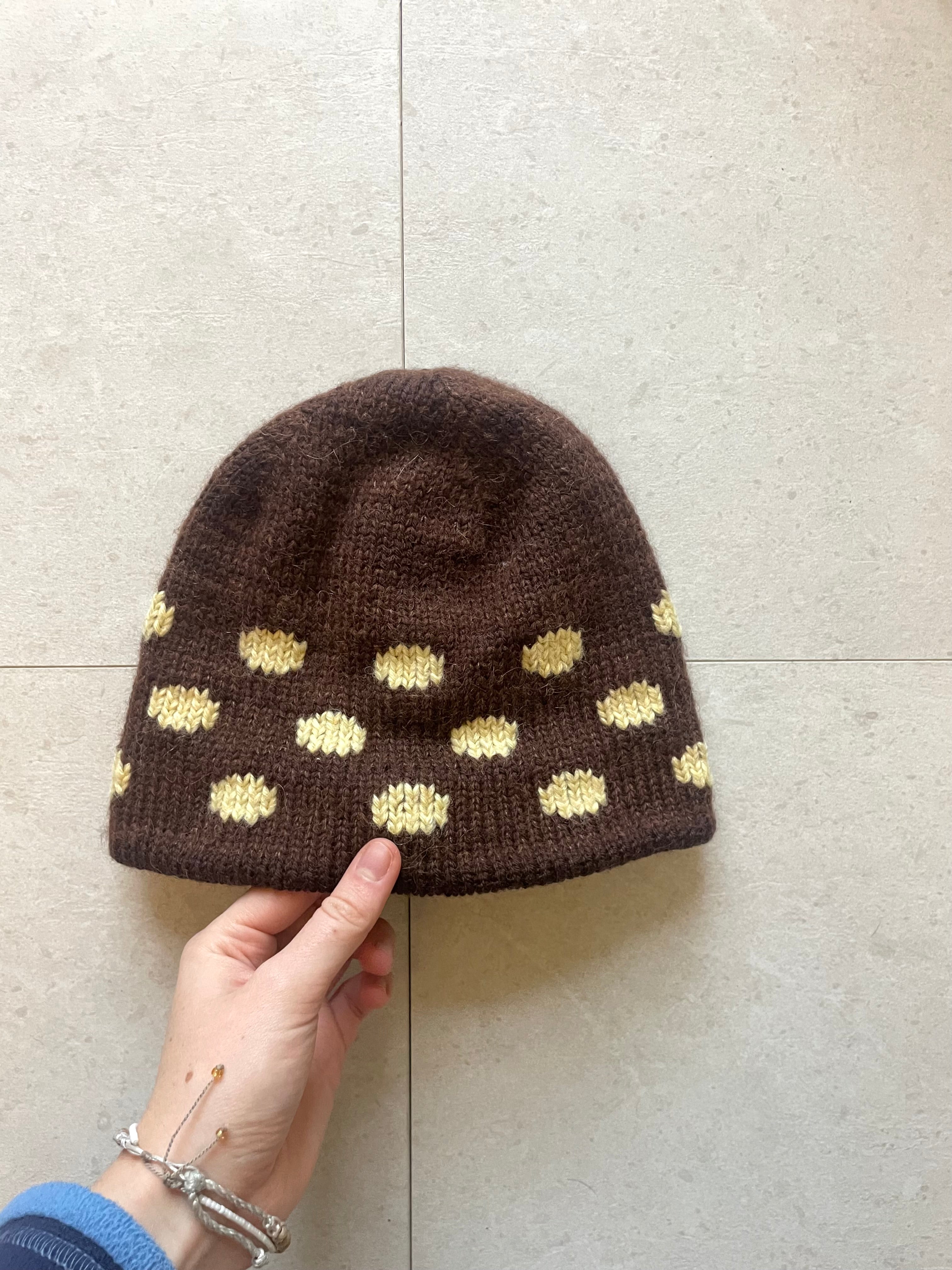 Brown and yellow polka dot beanie