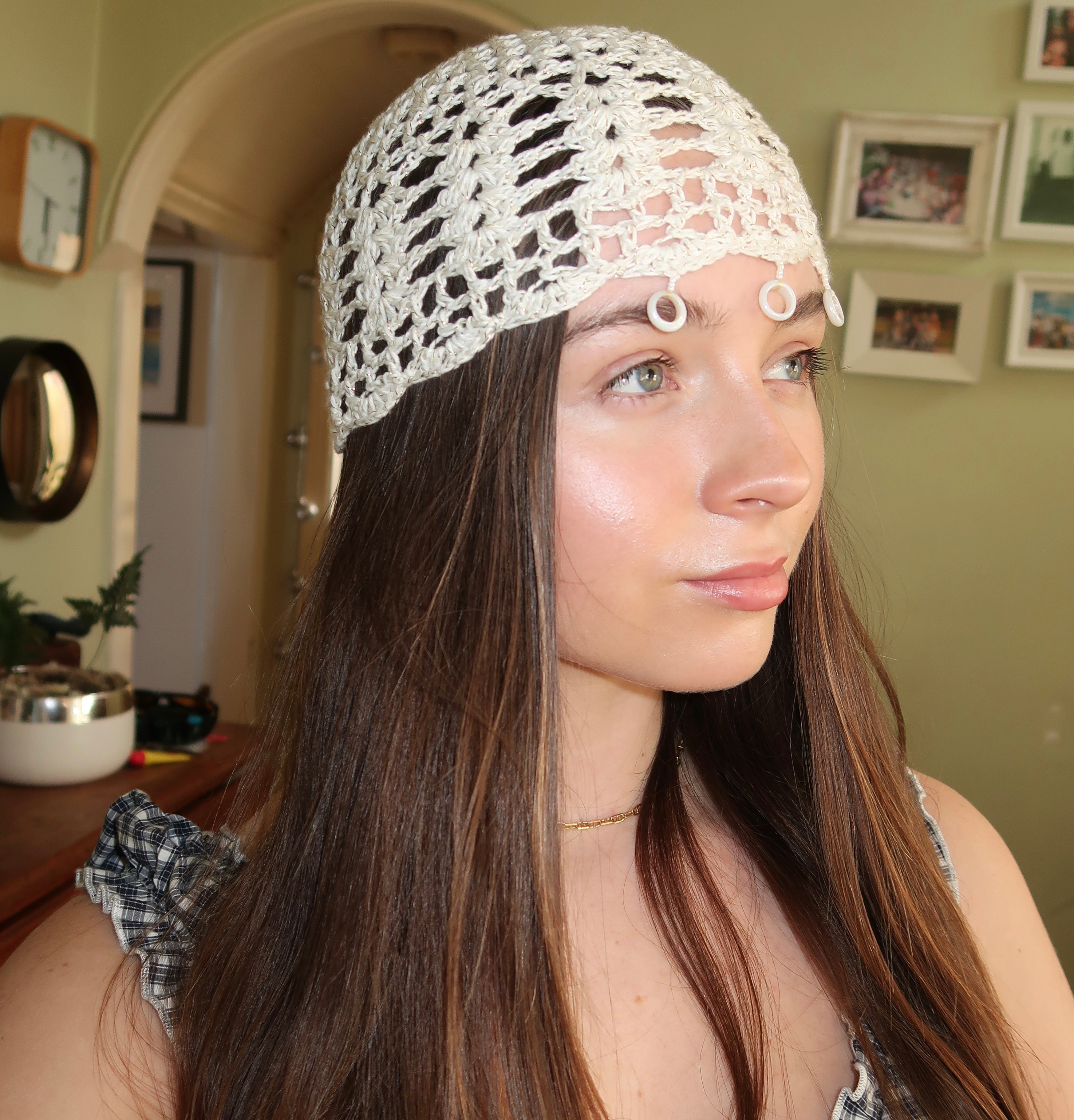 White and gold sparkly beaded crochet mesh hat