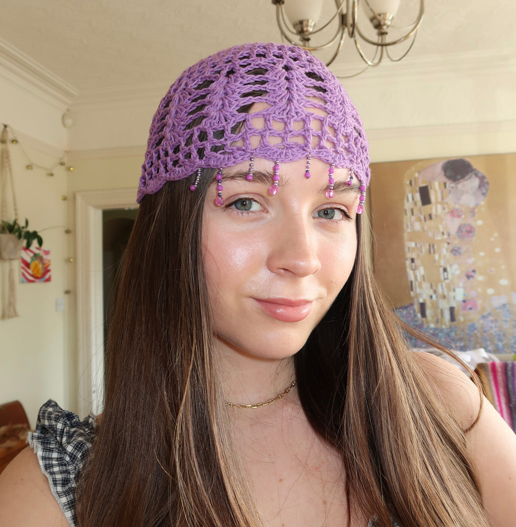 Purple sparkly beaded crochet mesh hat
