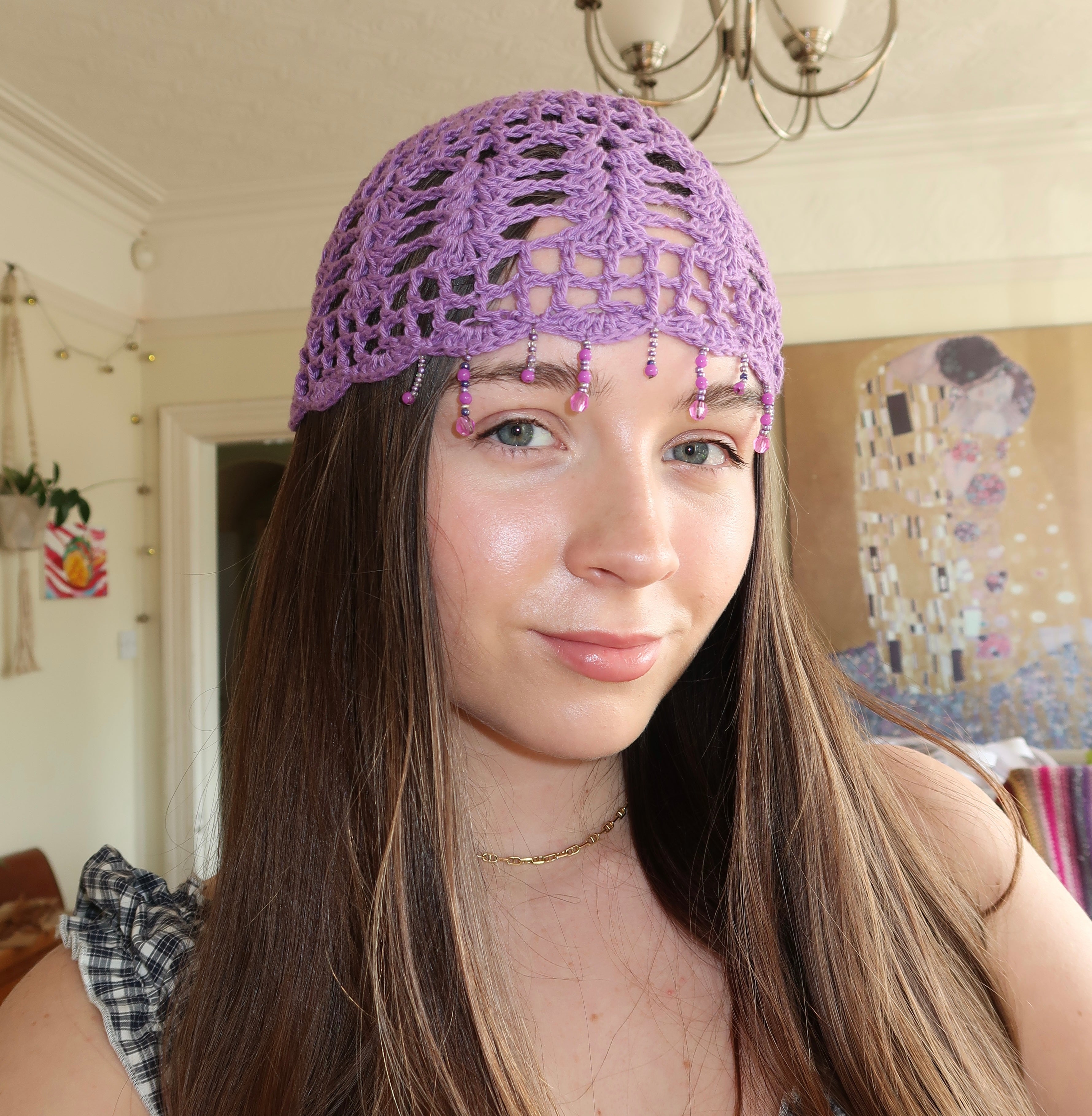 Purple sparkly beaded crochet mesh hat