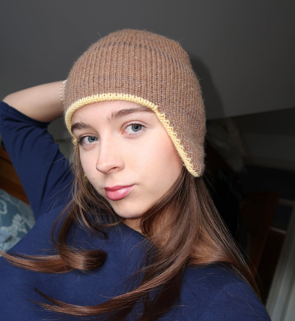 Brown and yellow earflap beanie