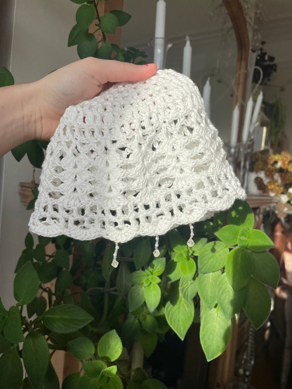 White beaded crochet mesh hat