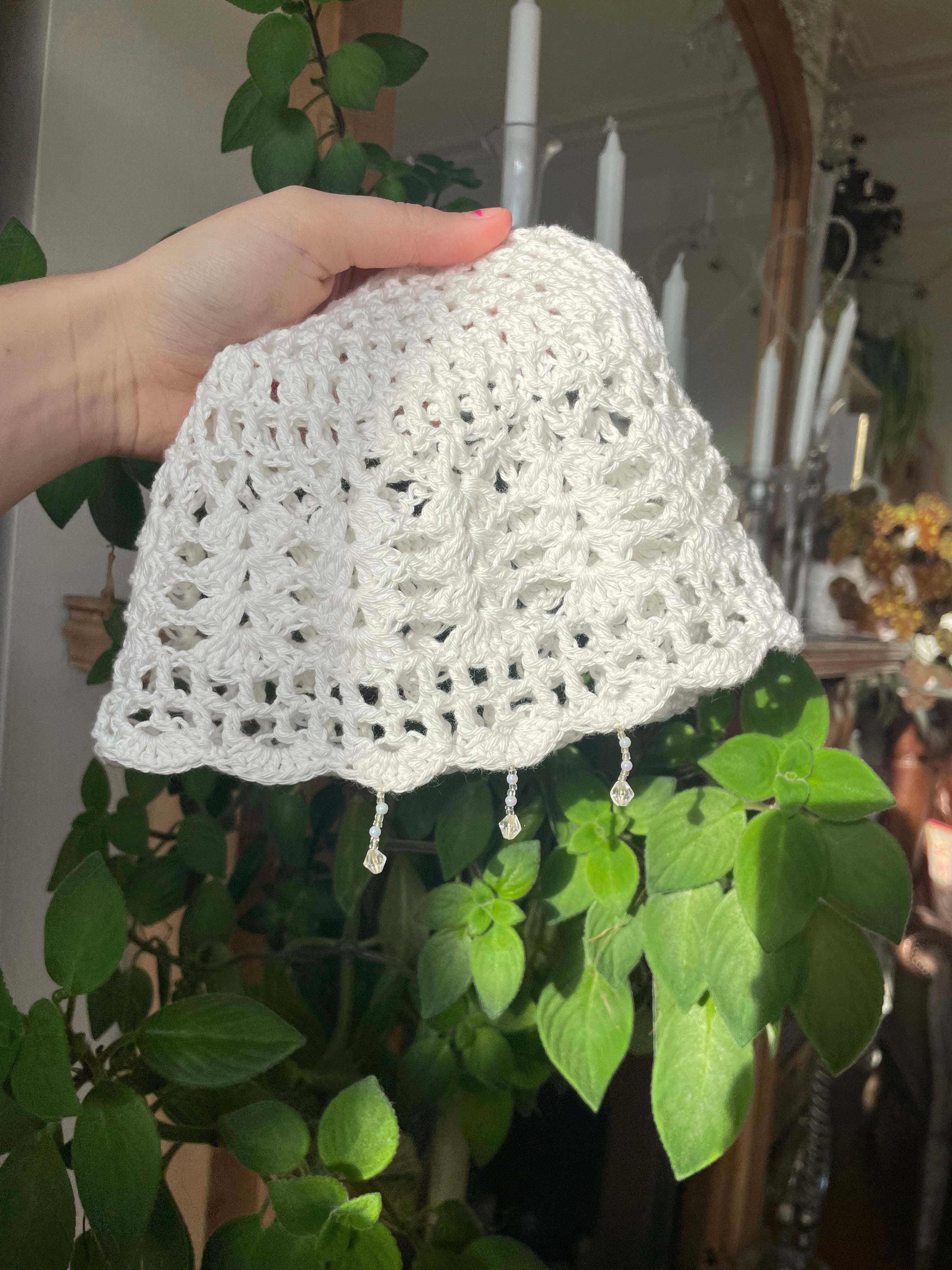 White beaded crochet mesh hat