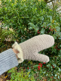 Mink brown crochet mittens with cream frill