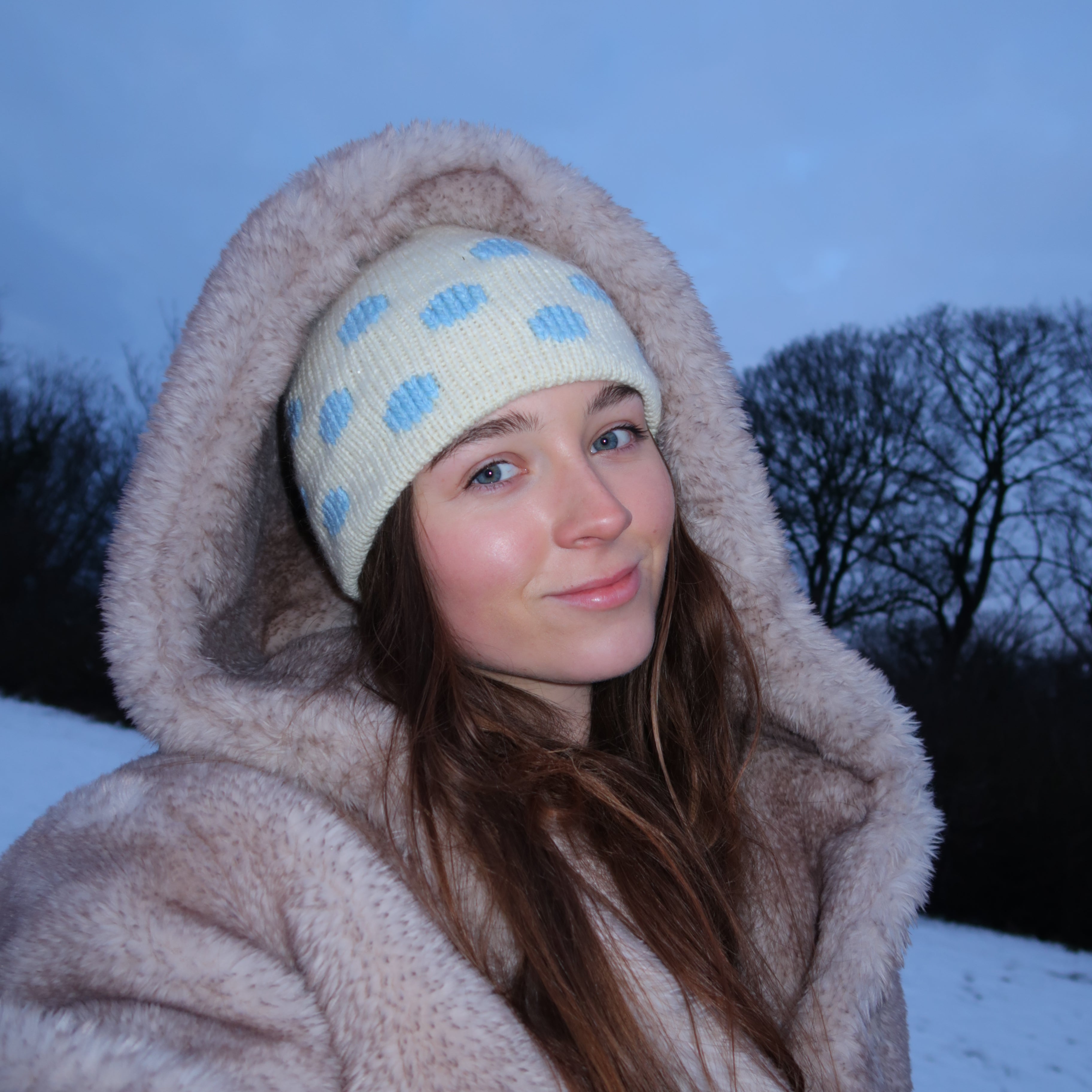 Cream and blue polka dot beanie