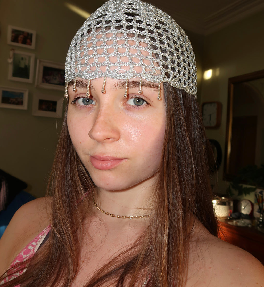 Silver sparkly beaded mesh hat