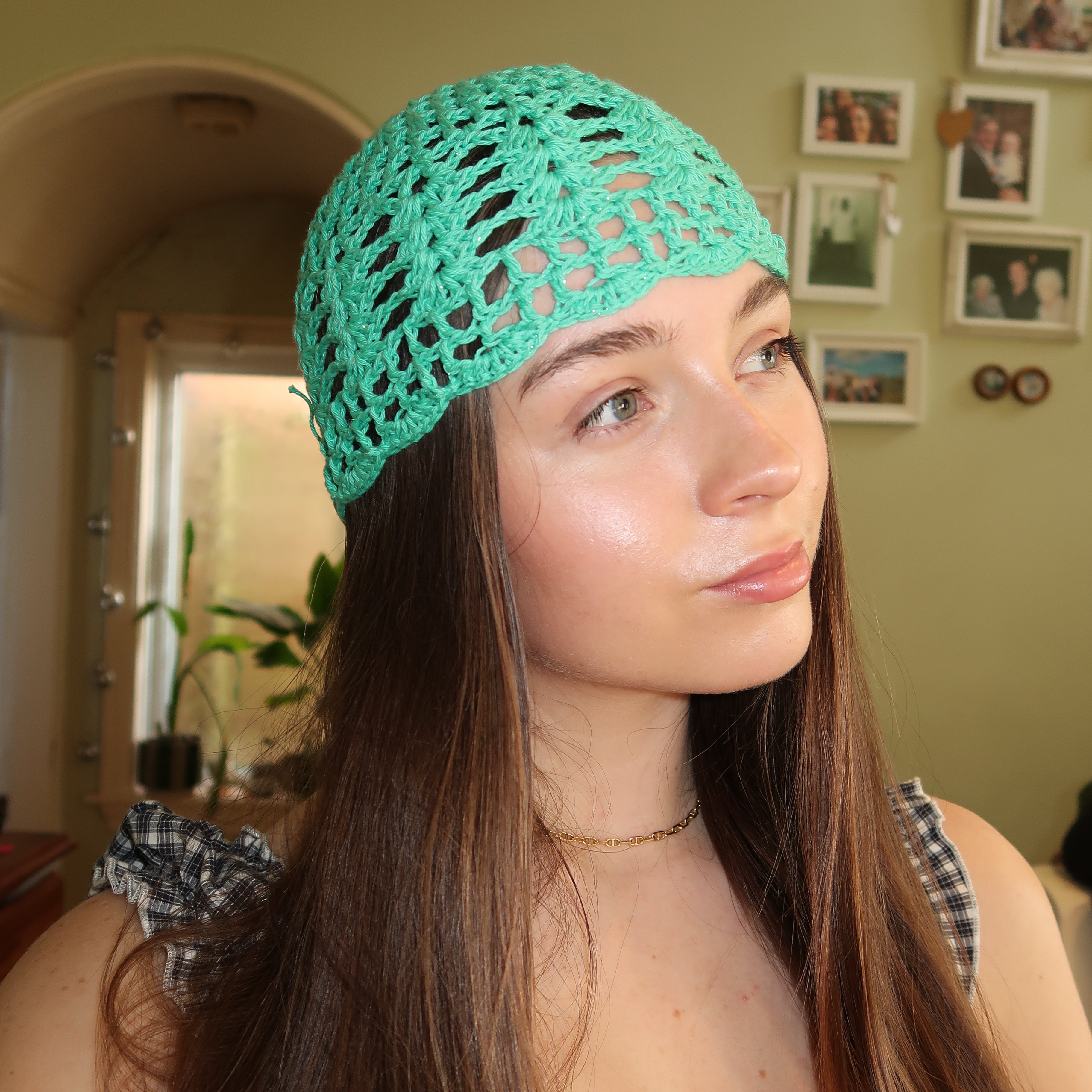 Mint green sparkly crochet mesh hat