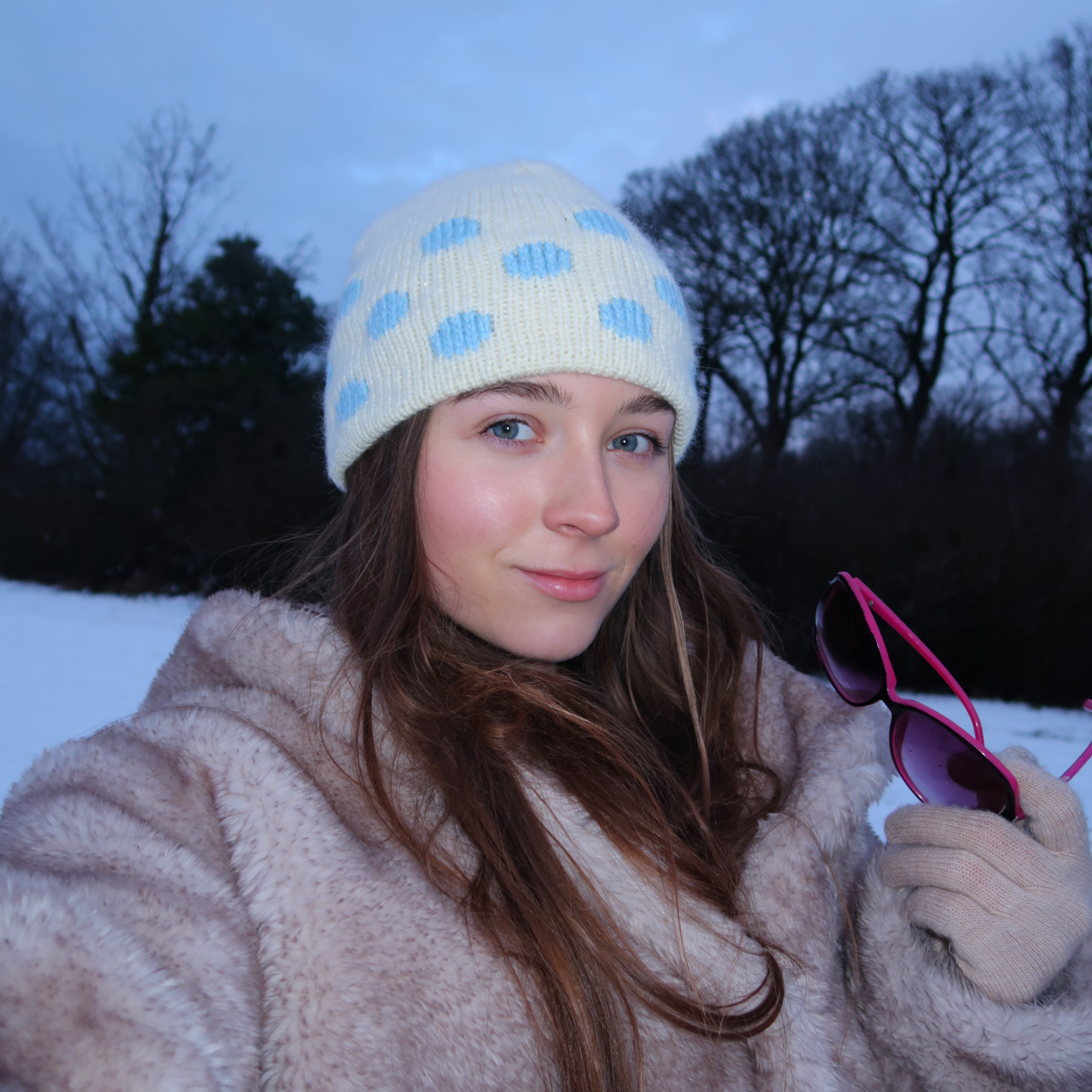 Cream and blue polka dot beanie