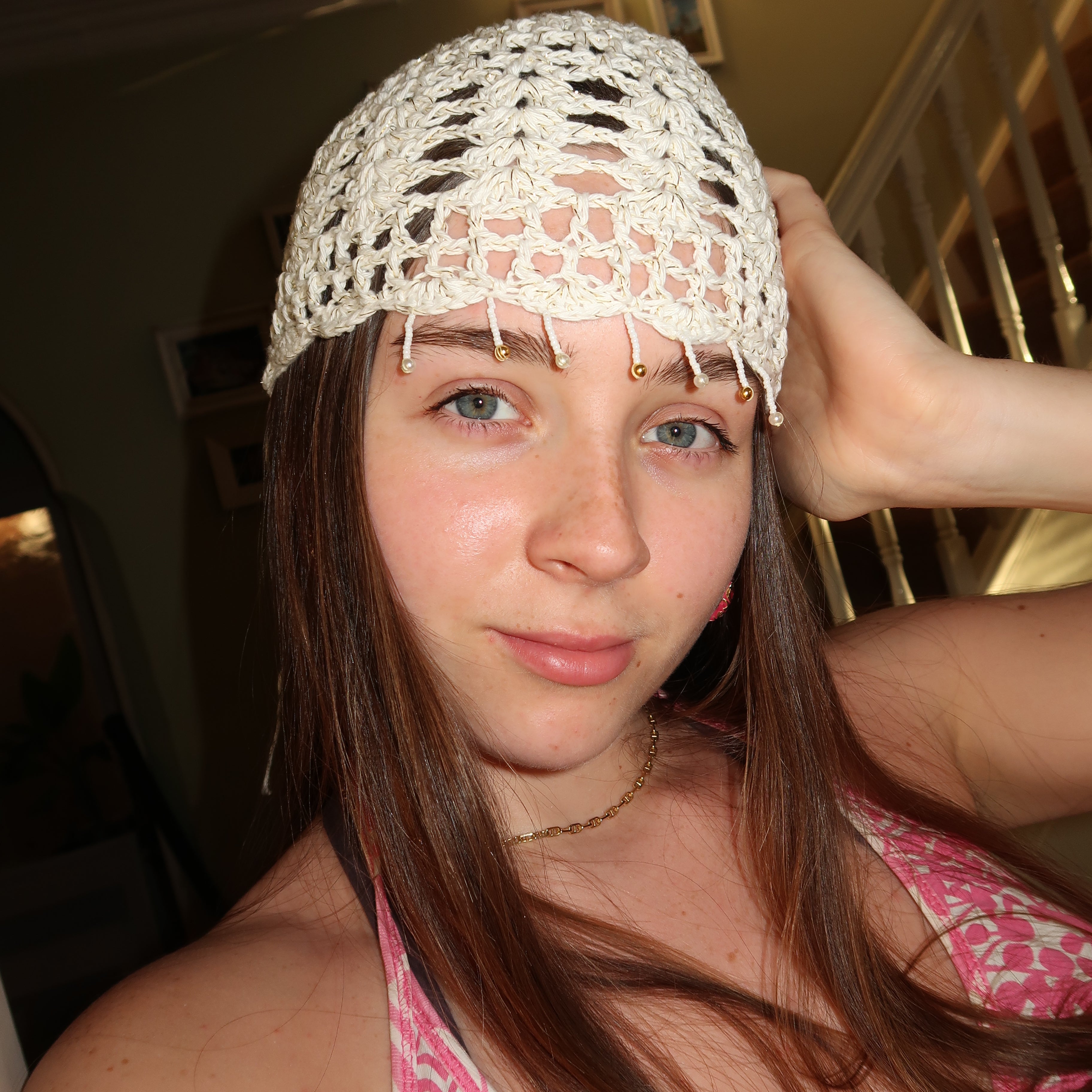White and gold beaded sparkly mesh hat