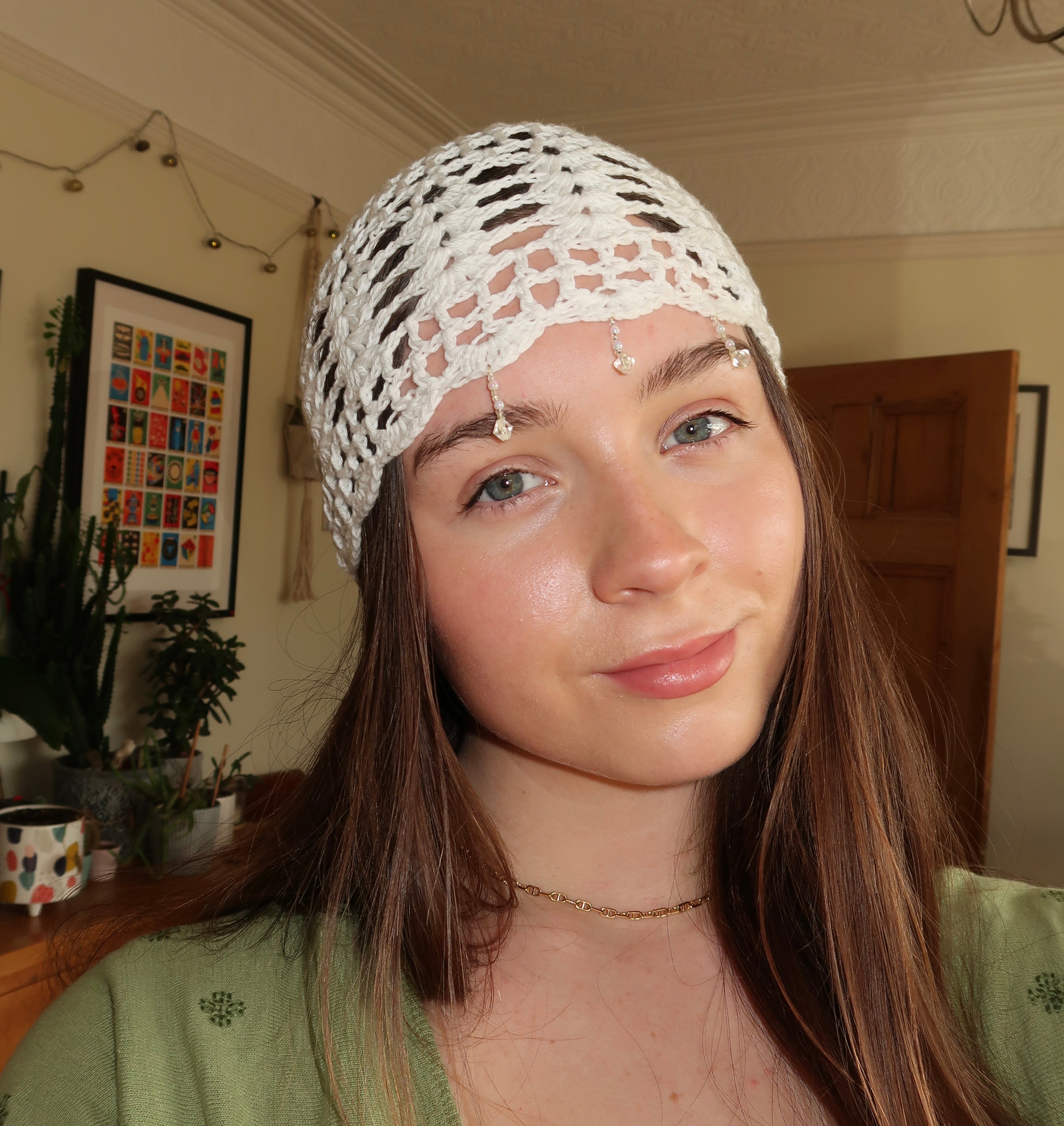 White beaded crochet mesh hat