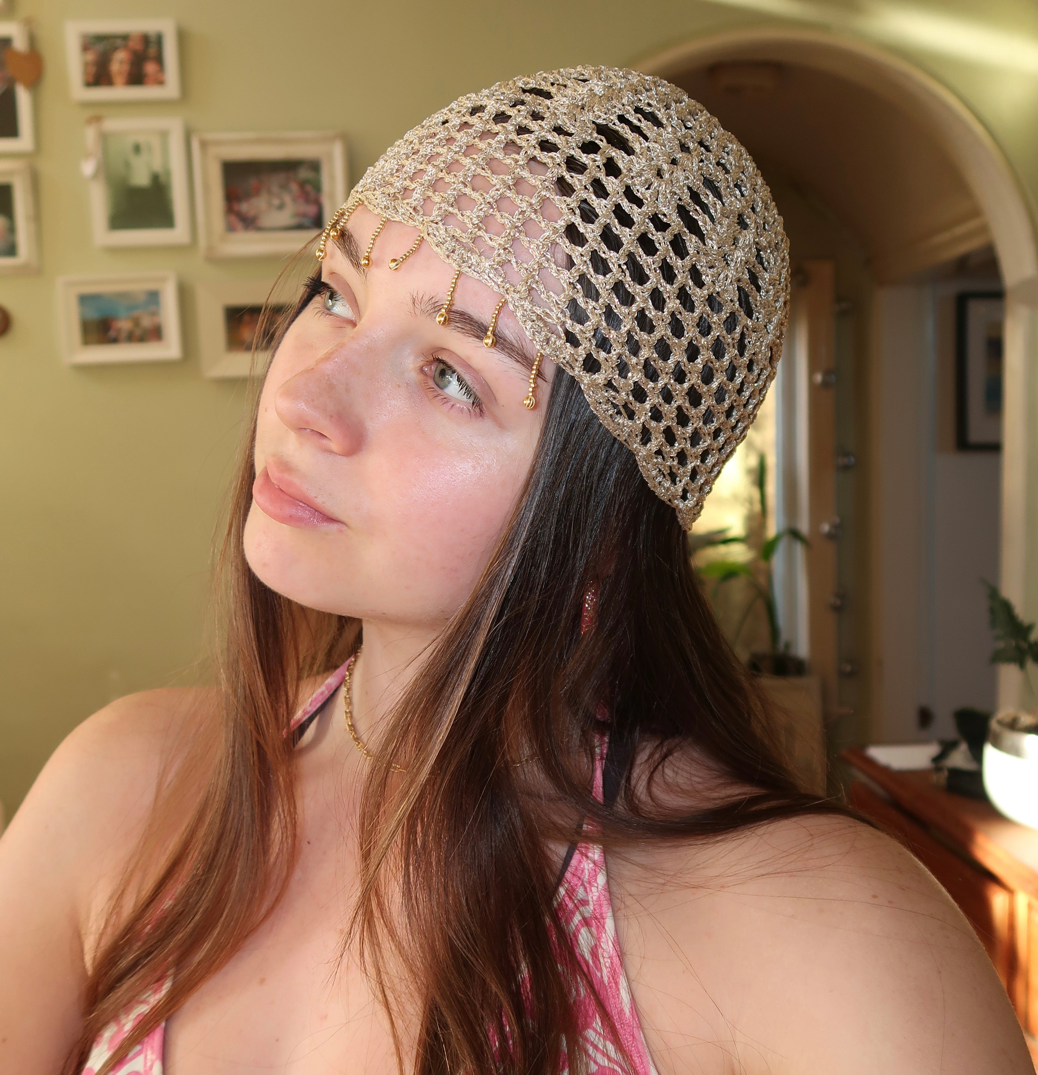 Gold sparkly beaded mesh hat
