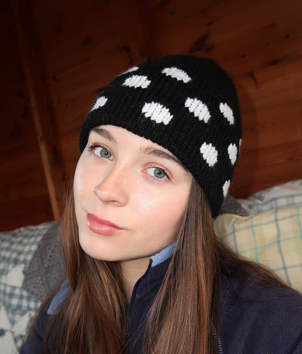 Black and white polka dot beanie