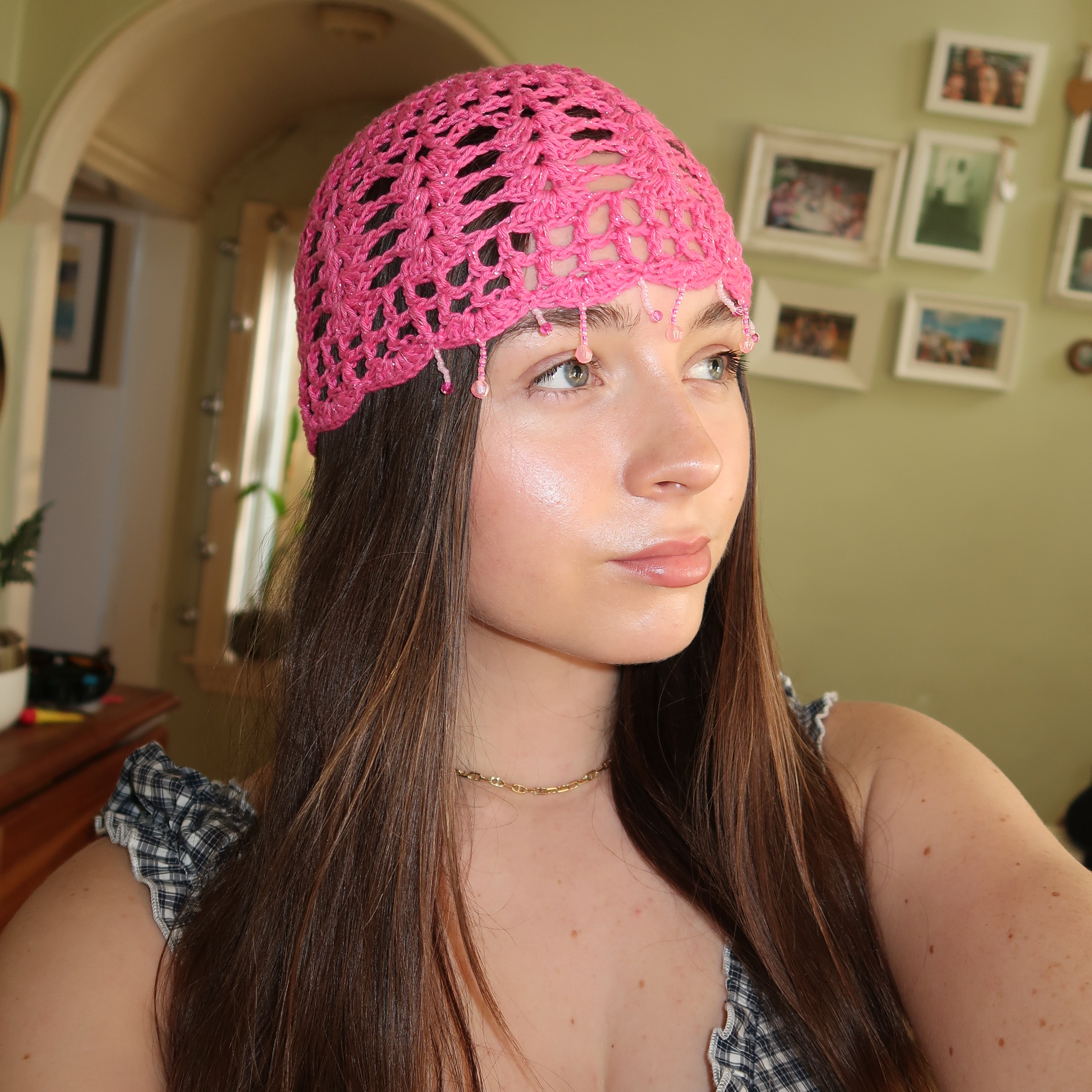 Pink sparkly beaded crochet mesh hat