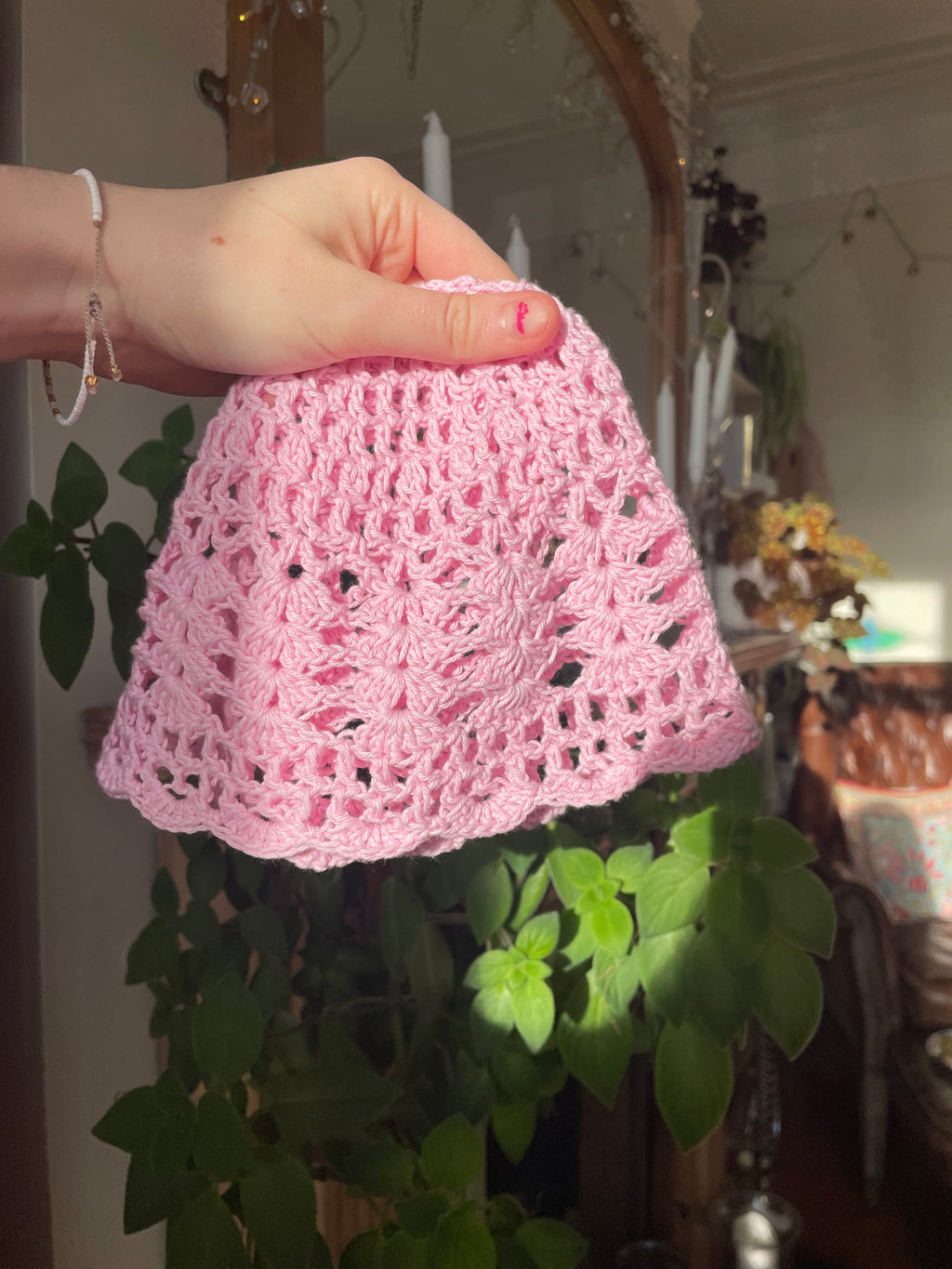 Pink crochet mesh hat