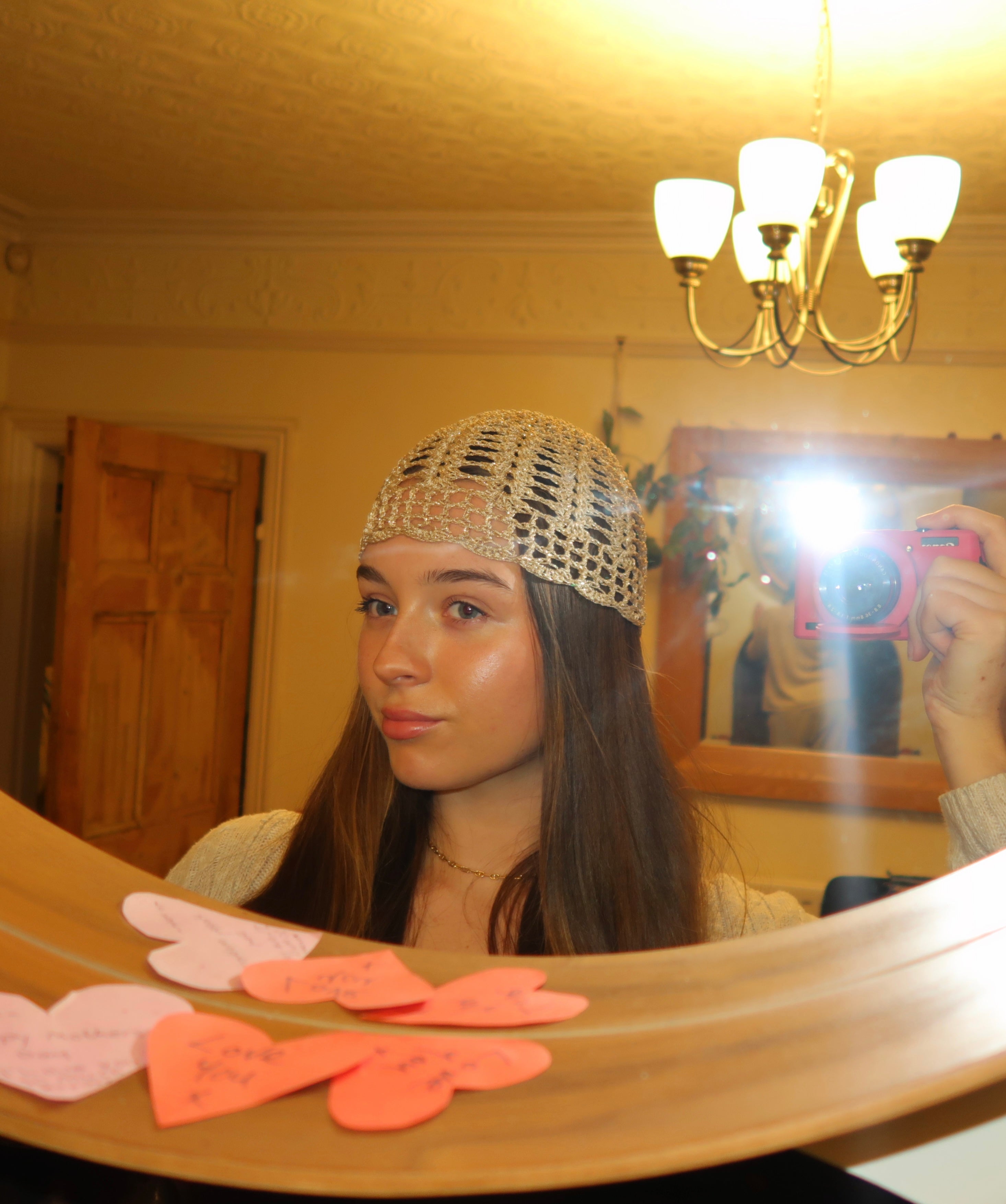Gold fully detailed crochet mesh hat