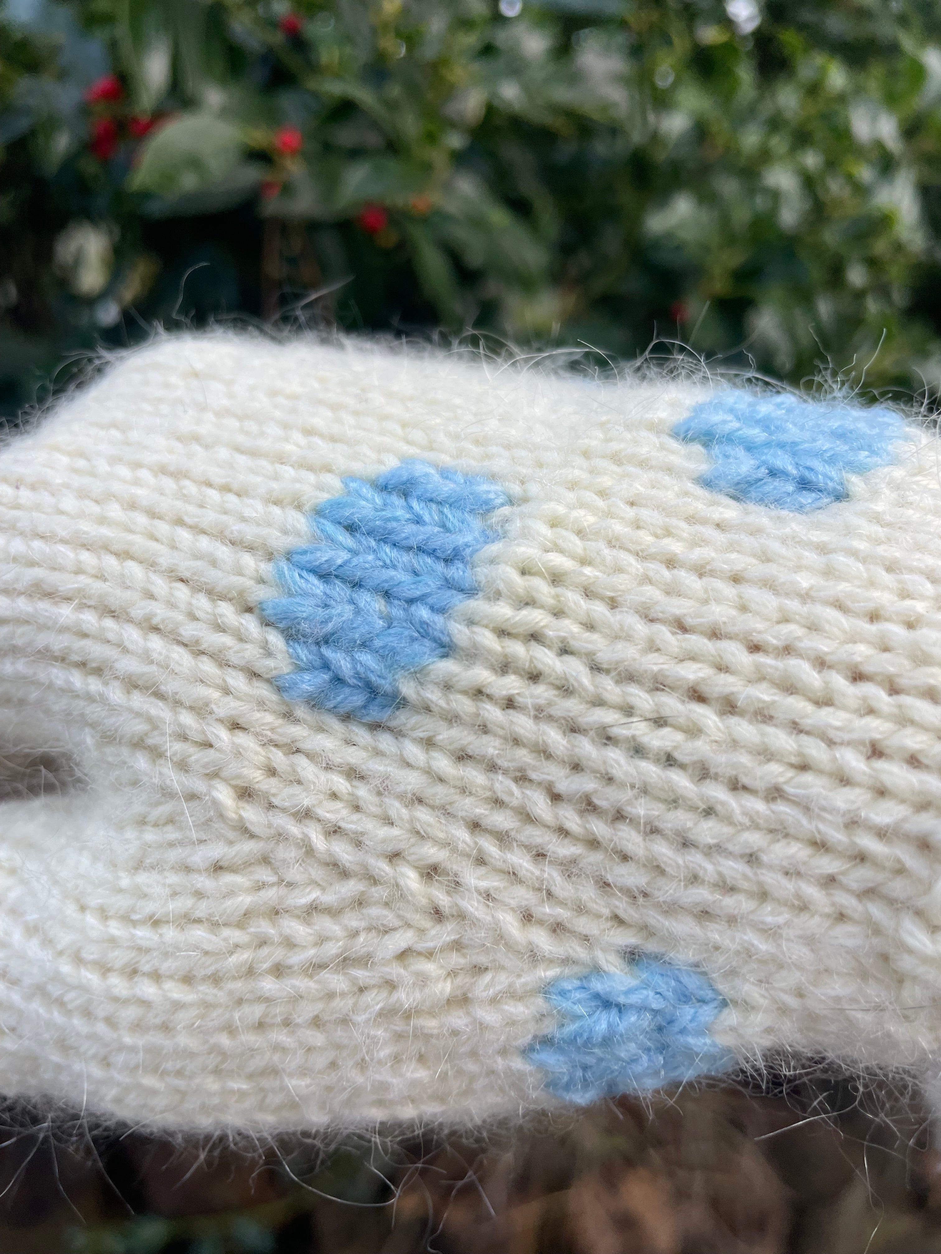 Cream and blue polka dot fingerless gloves
