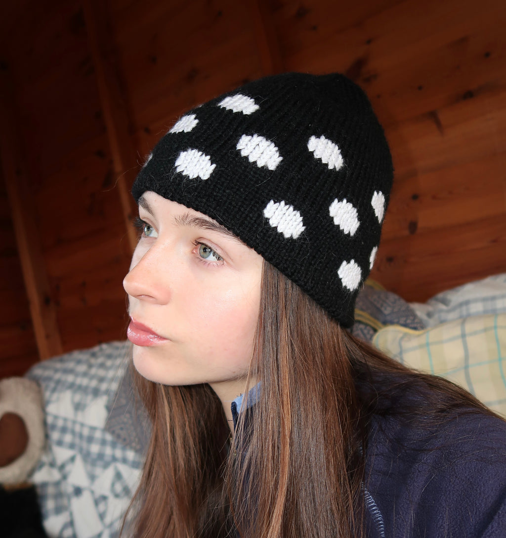 Black and white polka dot beanie