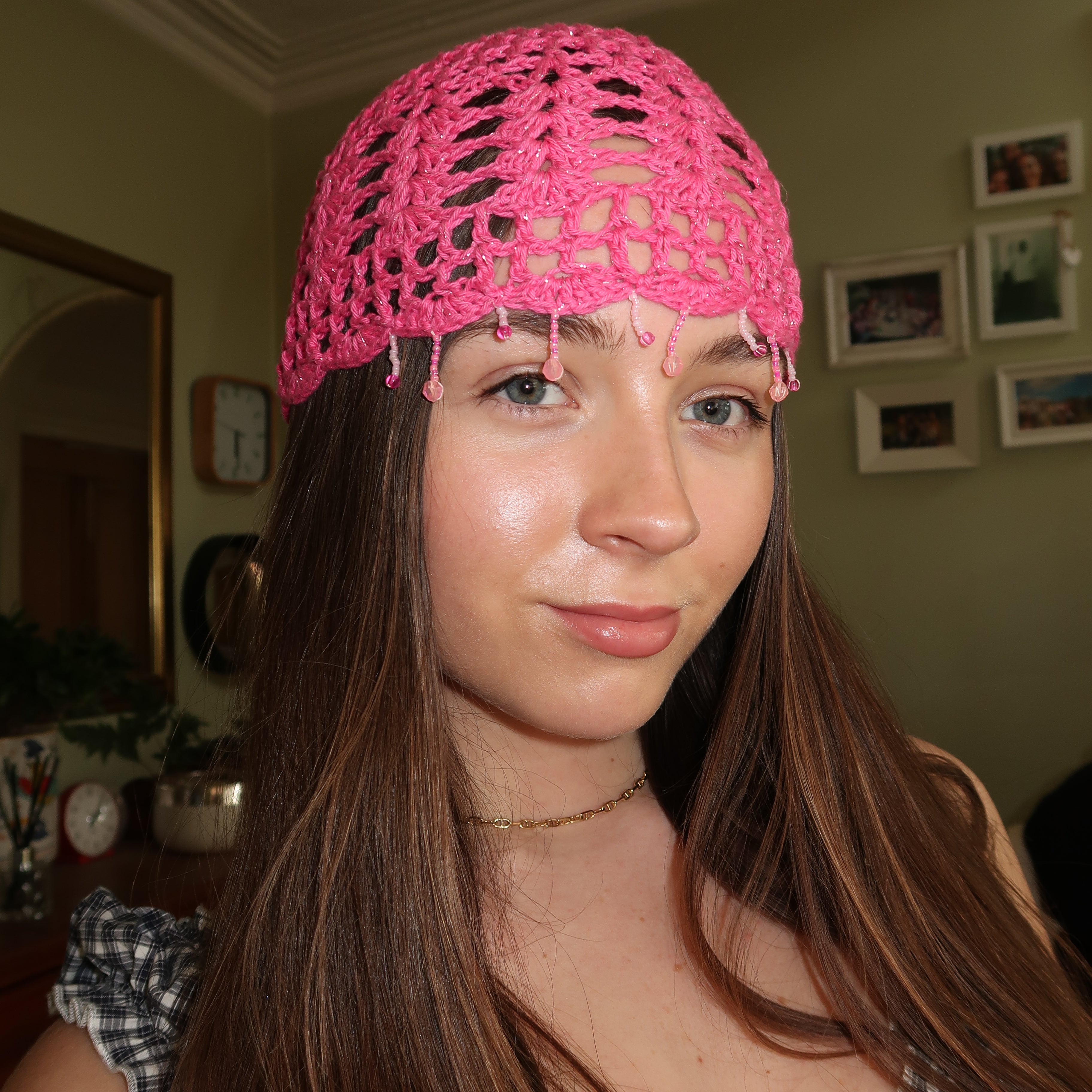 Pink sparkly beaded crochet mesh hat