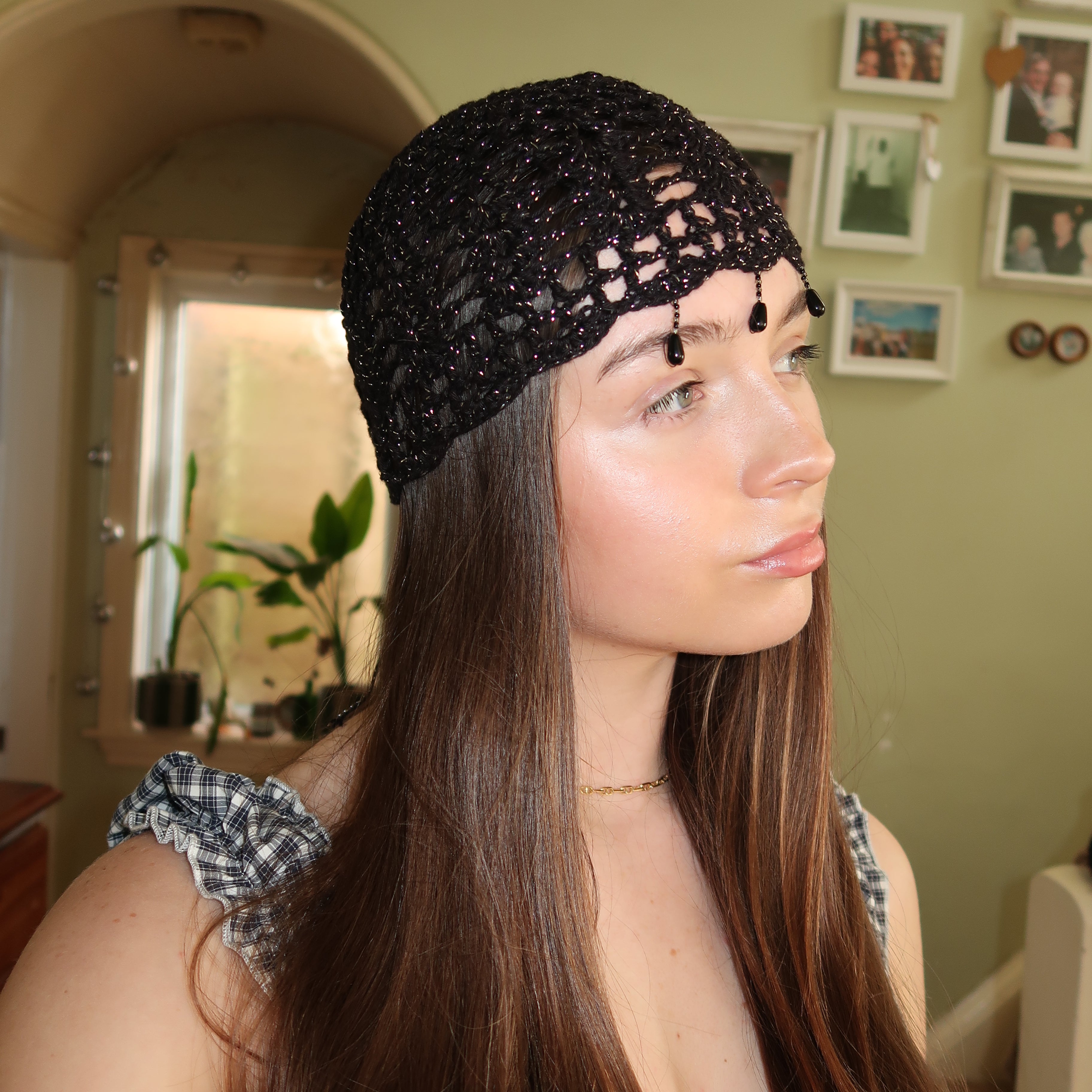 Black and silver sparkly beaded crochet mesh hat