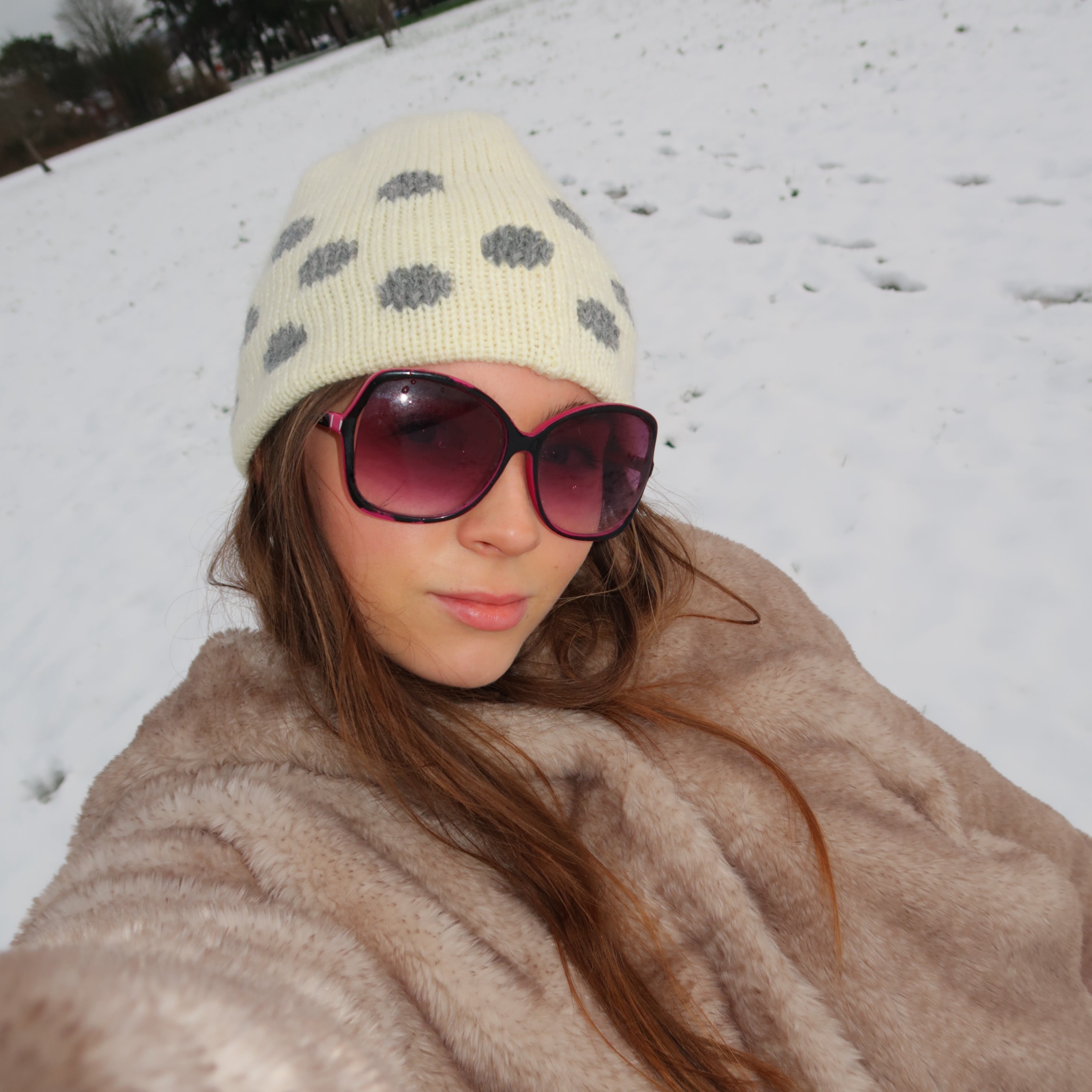 Cream and dark grey polka dot beanie