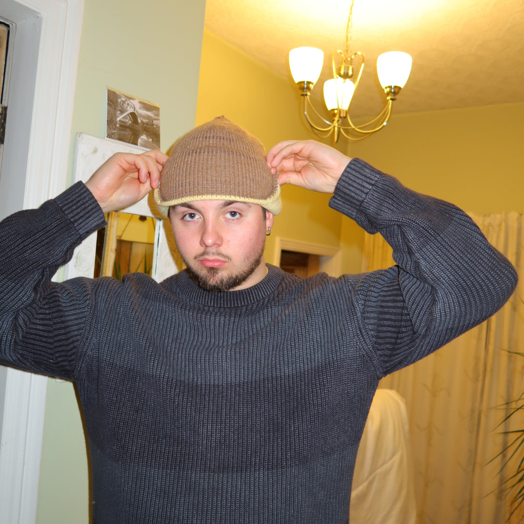 Brown and yellow earflap beanie