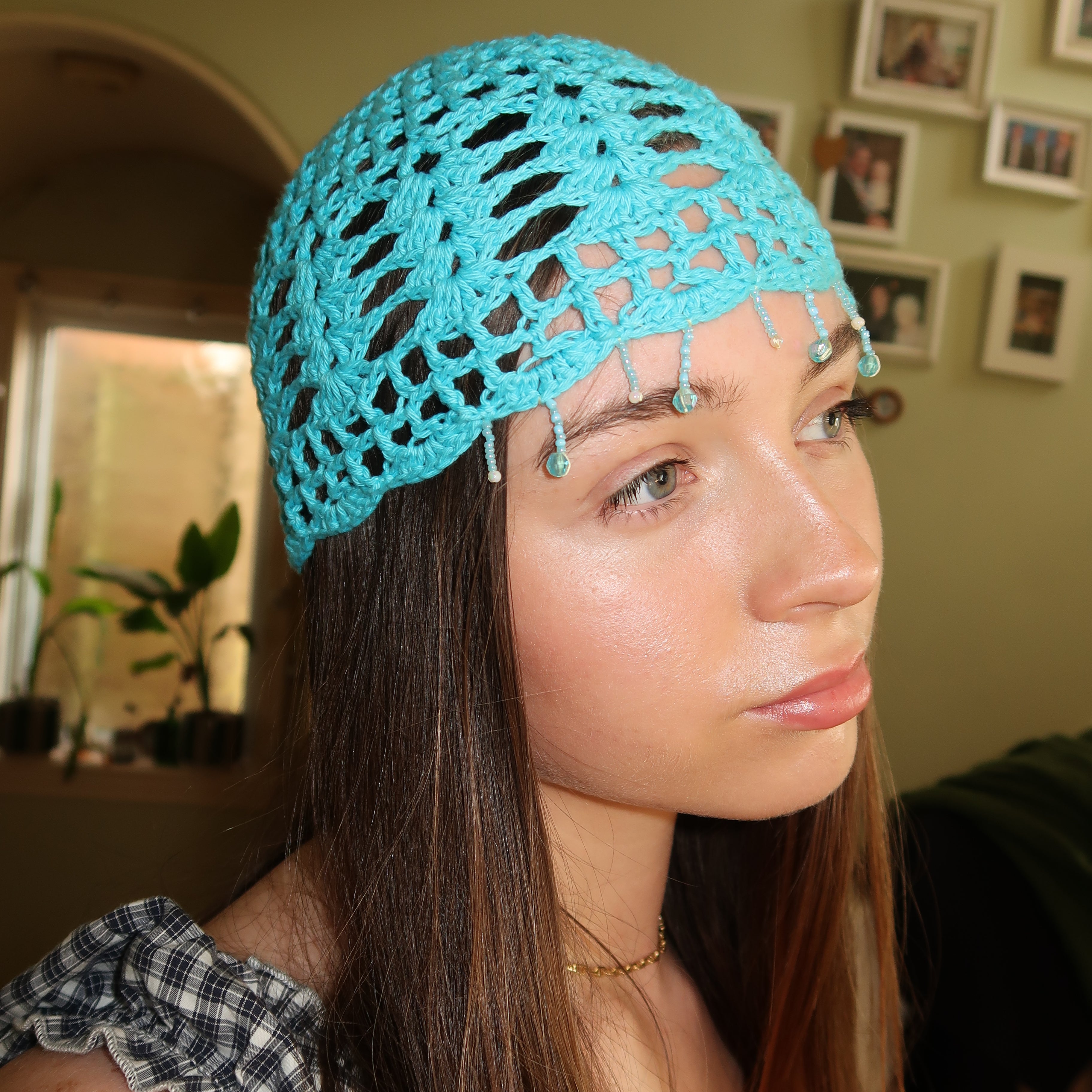 Light blue beaded crochet mesh hat