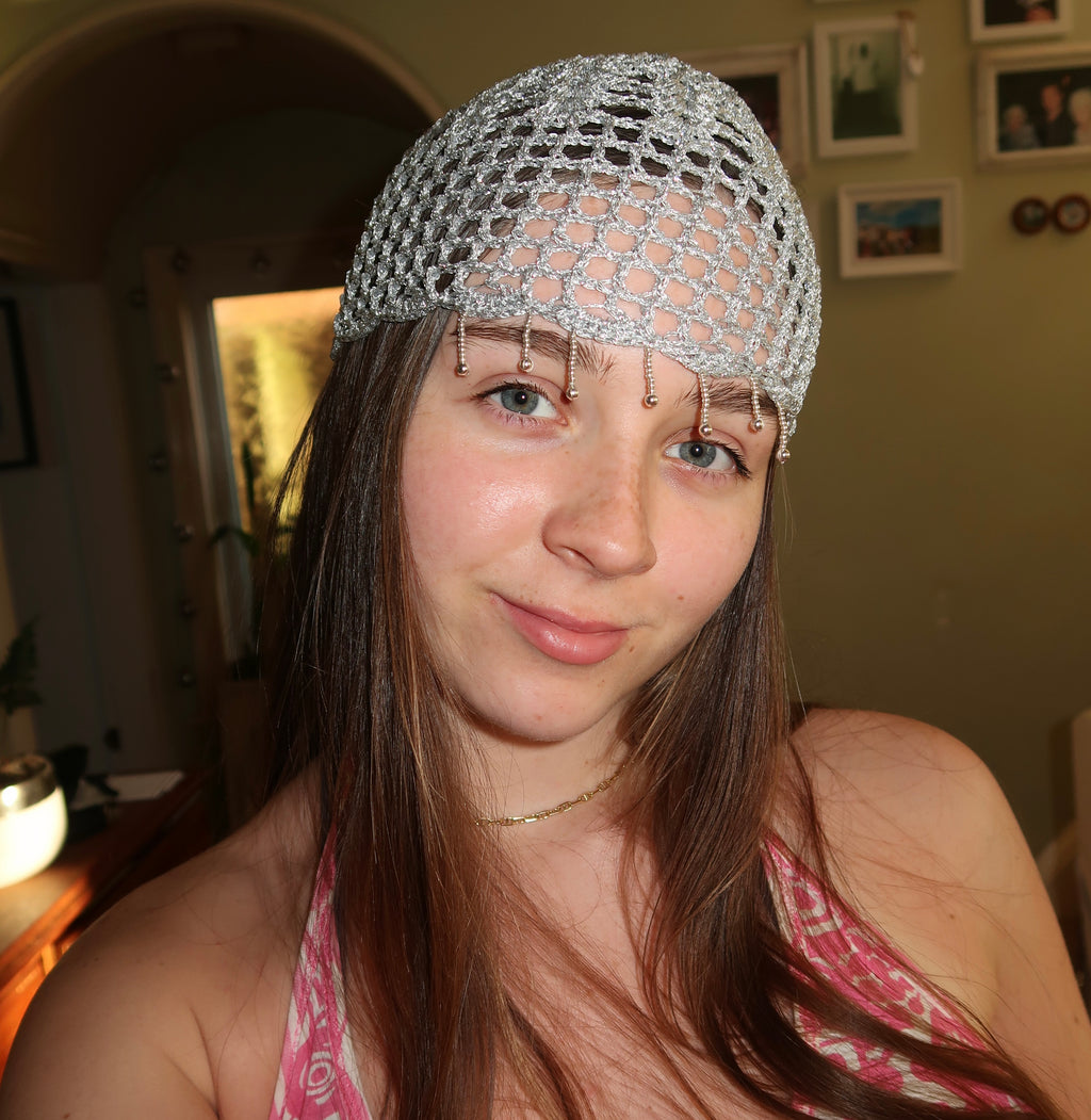 Silver sparkly beaded mesh hat