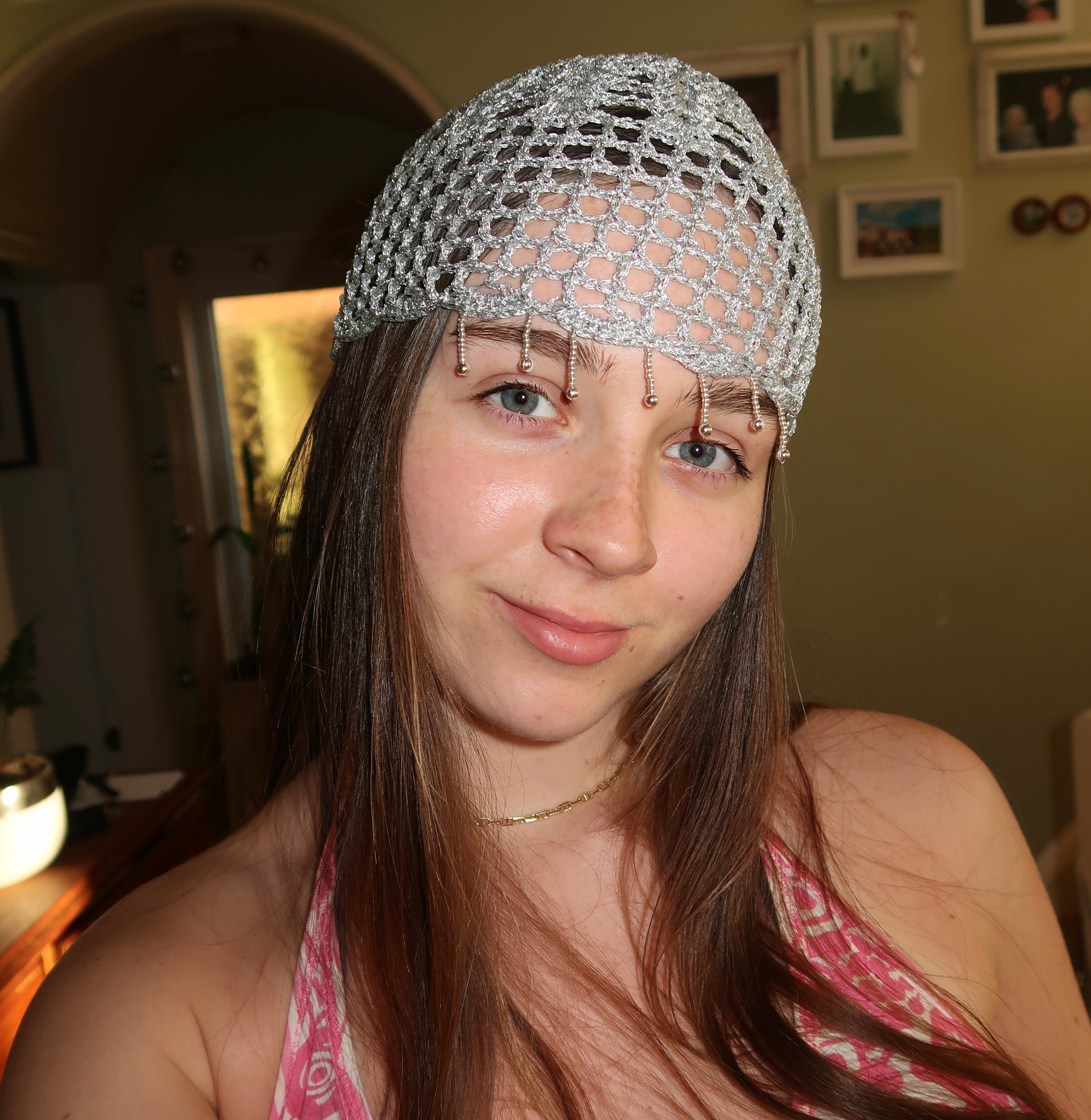 Silver sparkly beaded mesh hat